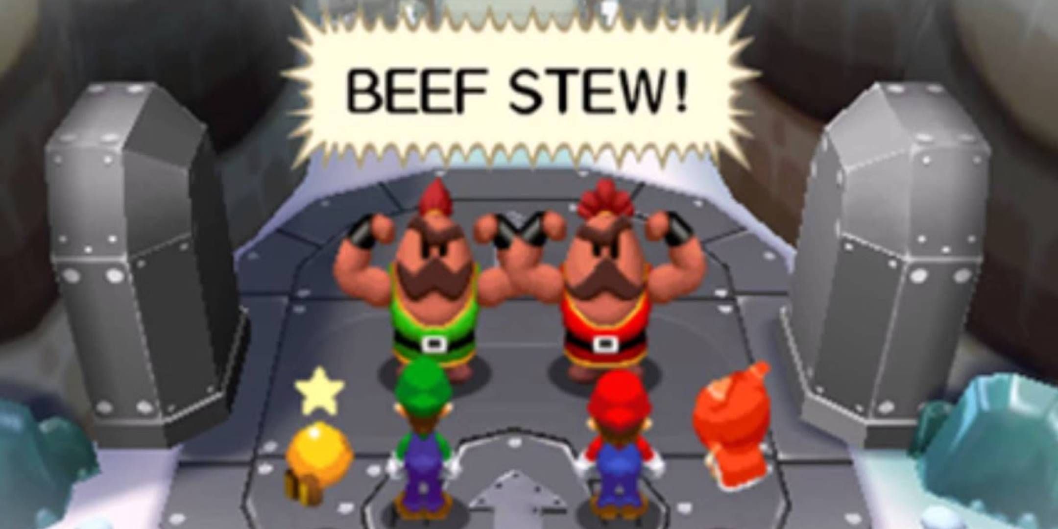 Mario and Luigi Dream Team - Big Massif and Lil Massif flexing and shouting Beef Stew