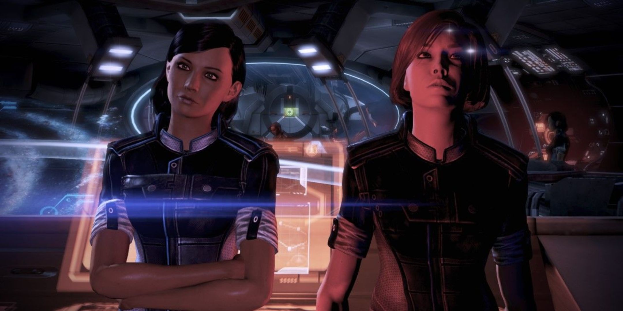 Samantha and Female Shepard leaning at the galaxy map console in Mass Effect 3.