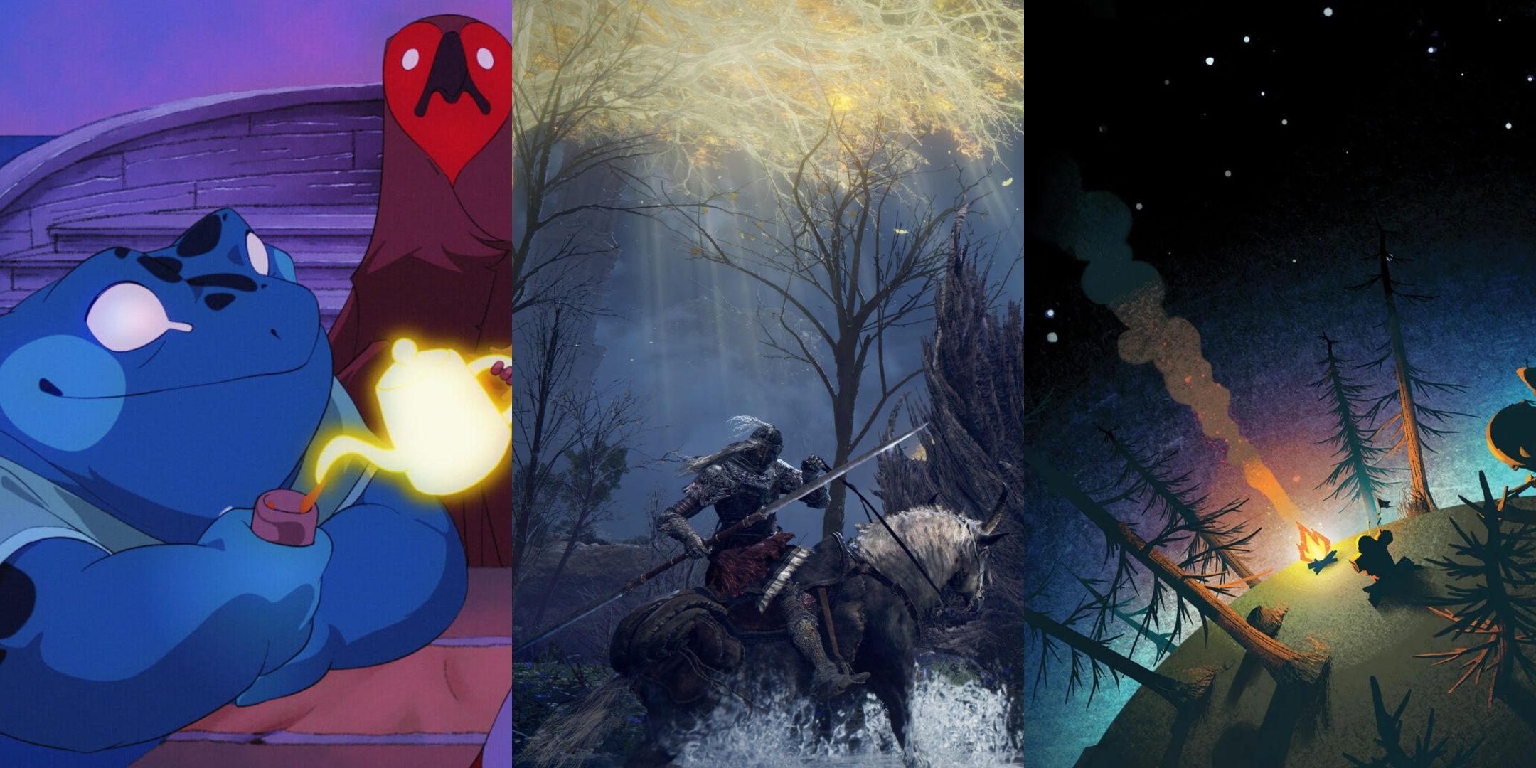 A collage showing screenshots of Spiritfarer, Elden Ring, and Outer Wilds.