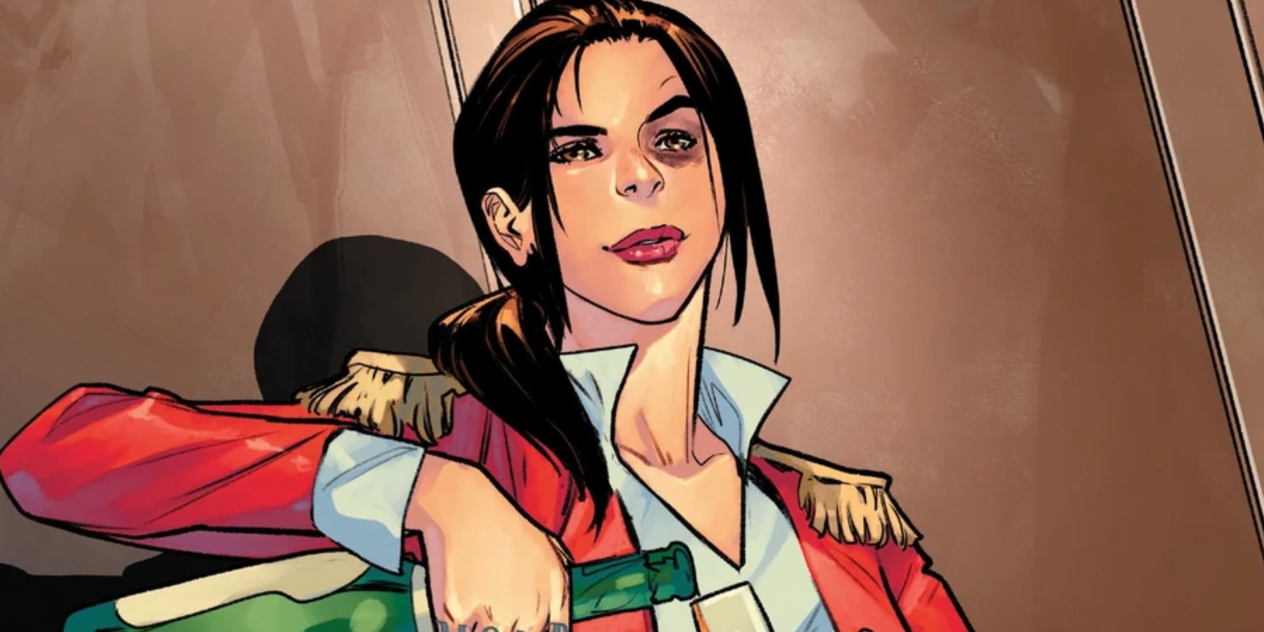 Kitty Pryde from Marvel comics, wearing a red military coat and pouring herself a glass of wine. She has a black eye.