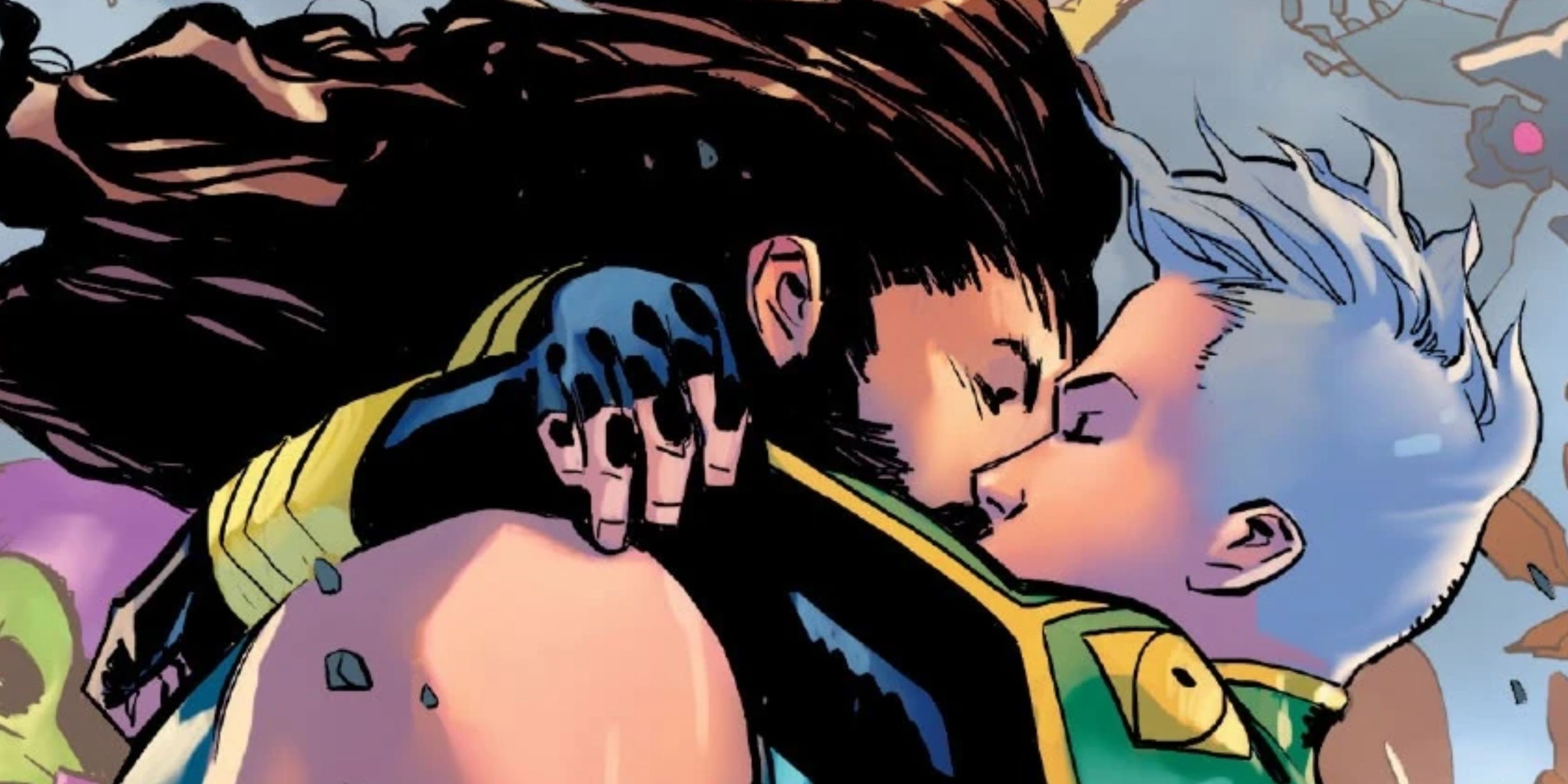 An image from Marvel Comics - Hercules and Marvel Boy embrace and kiss.