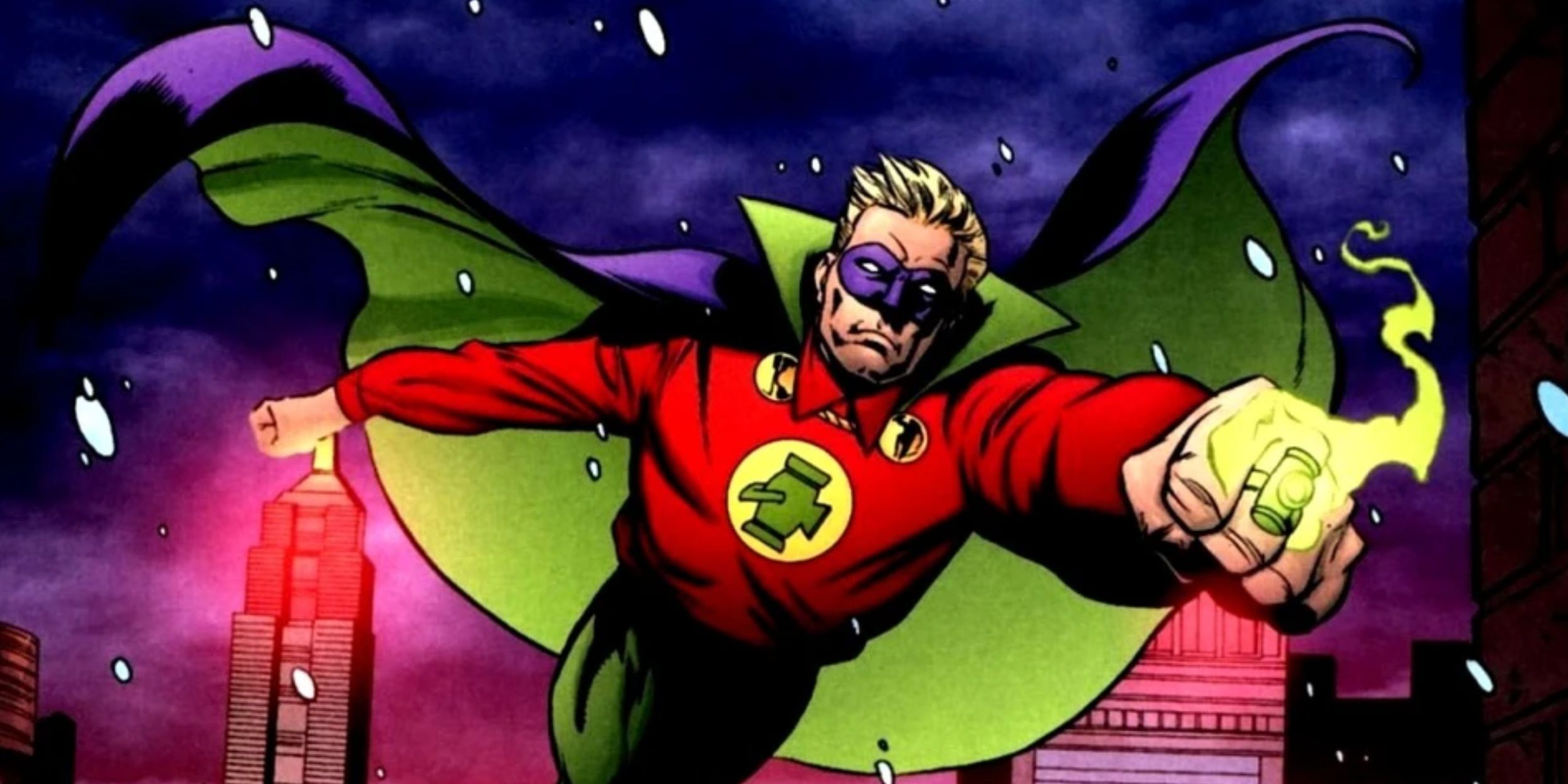 The original Green Lantern, Alan Scott, flying through the snowy night sky in his iconic red and green costume.