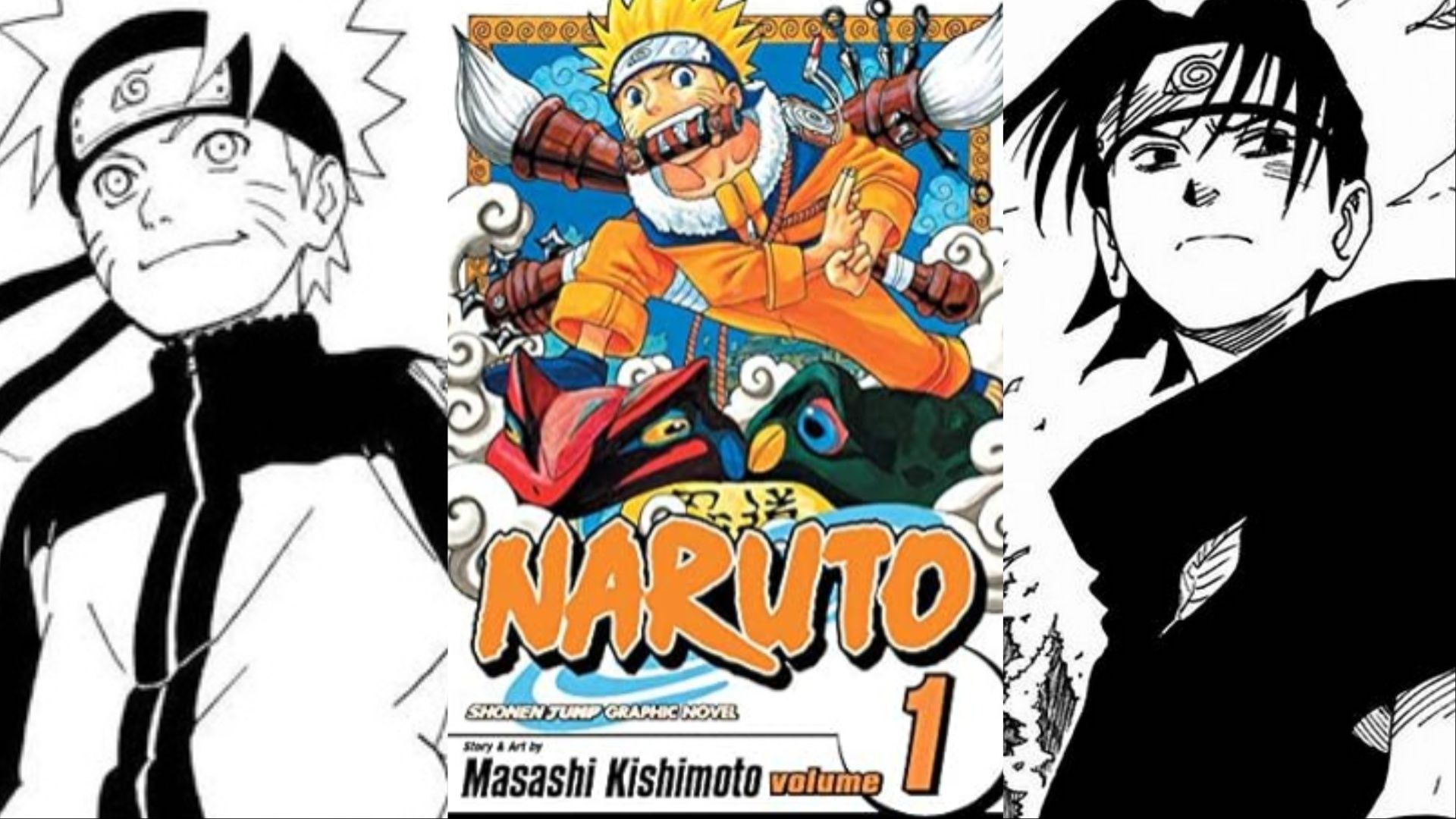 A collage of images showcasing panels and cover art from the manga Naruto.
