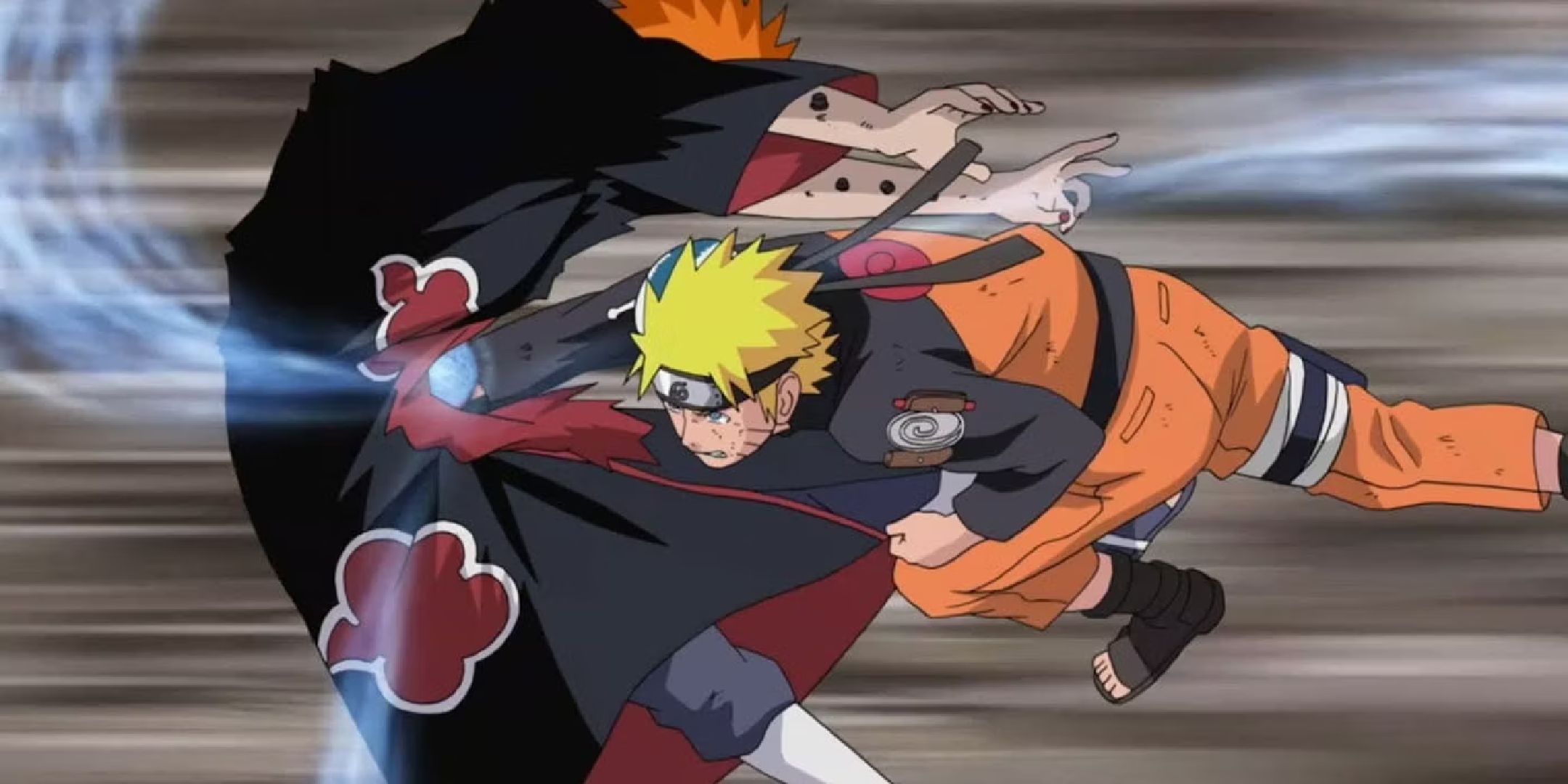 Naruto hitting Pain in the torso with a Rasengan.
