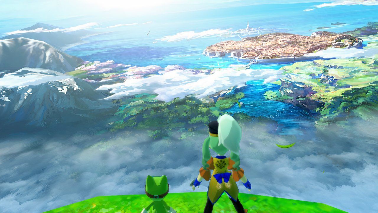 navirou and a female rider looking out over the world in monster hunter stories