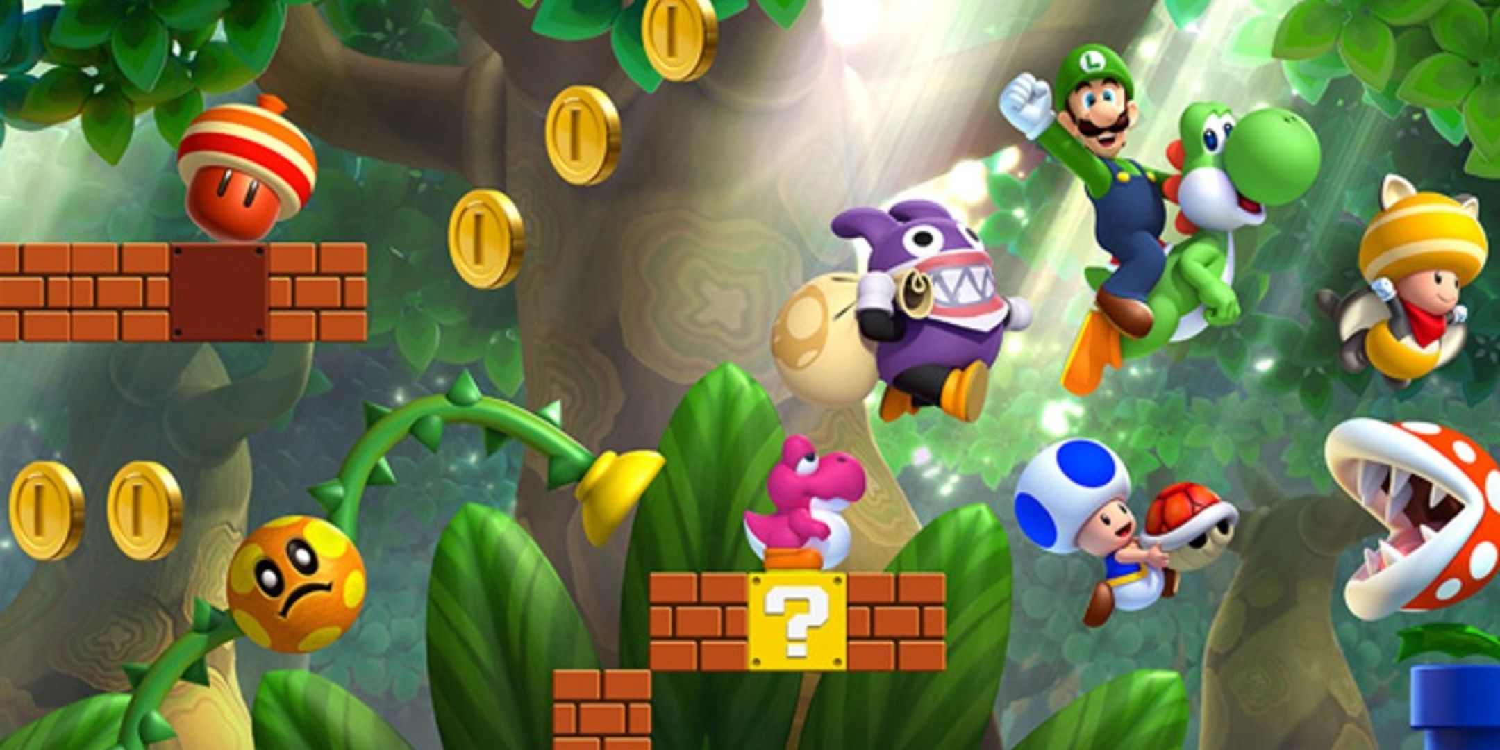 New Super Luigi U Promo Image containing Luigi, Toad, Nabbit, Yoshi, blocks, and coins.