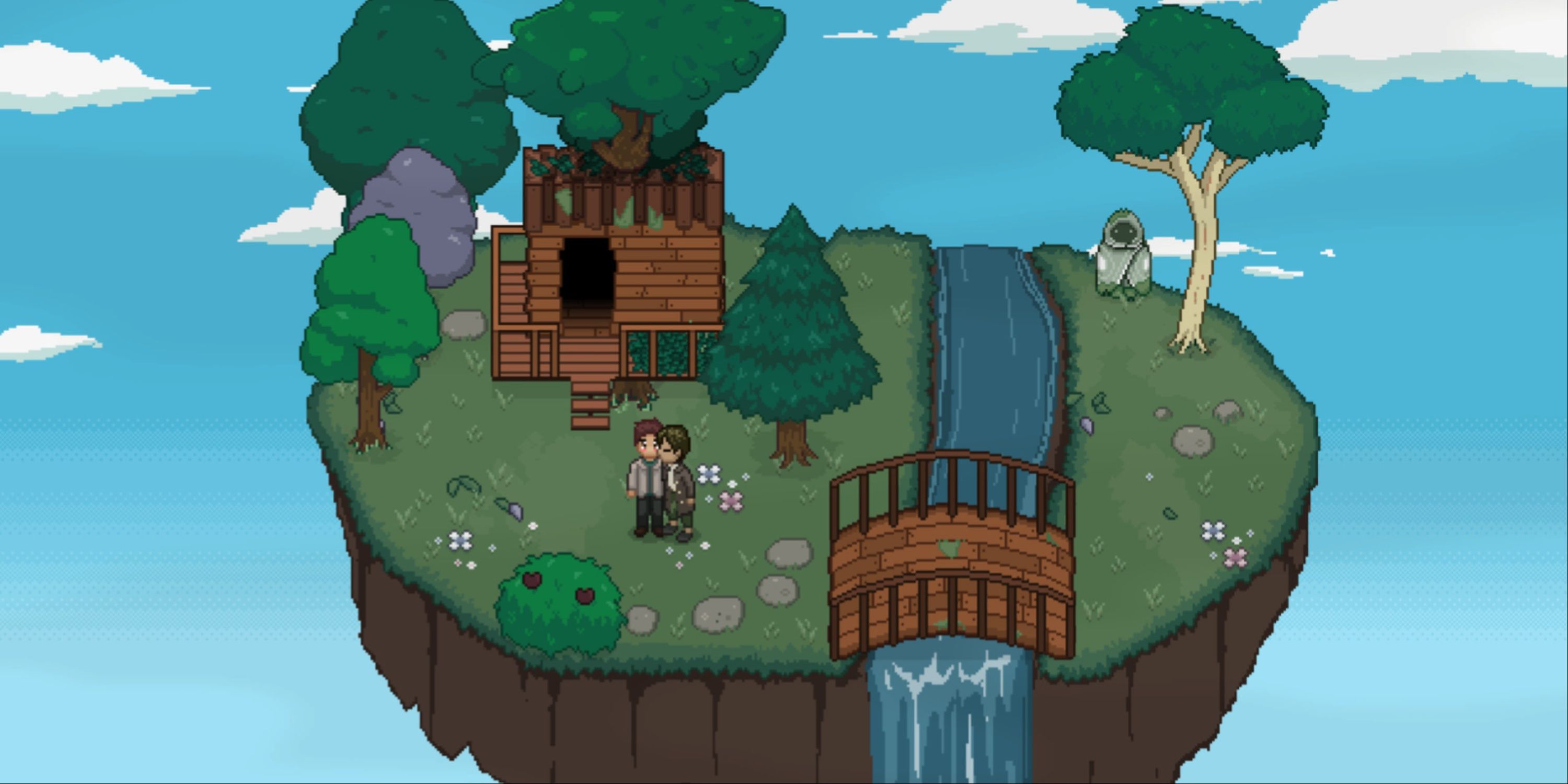 Newfound Courage Characters Kissing Near A Waterfall On A Stretch Of Land In The Sky