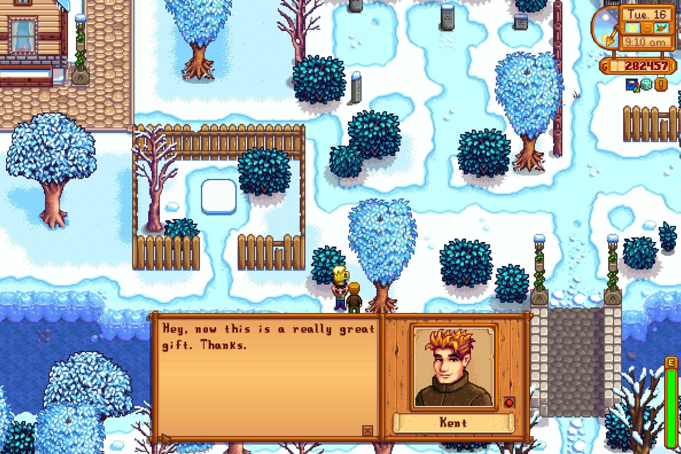 offering kent a beer by the river in the winter in stardew valley