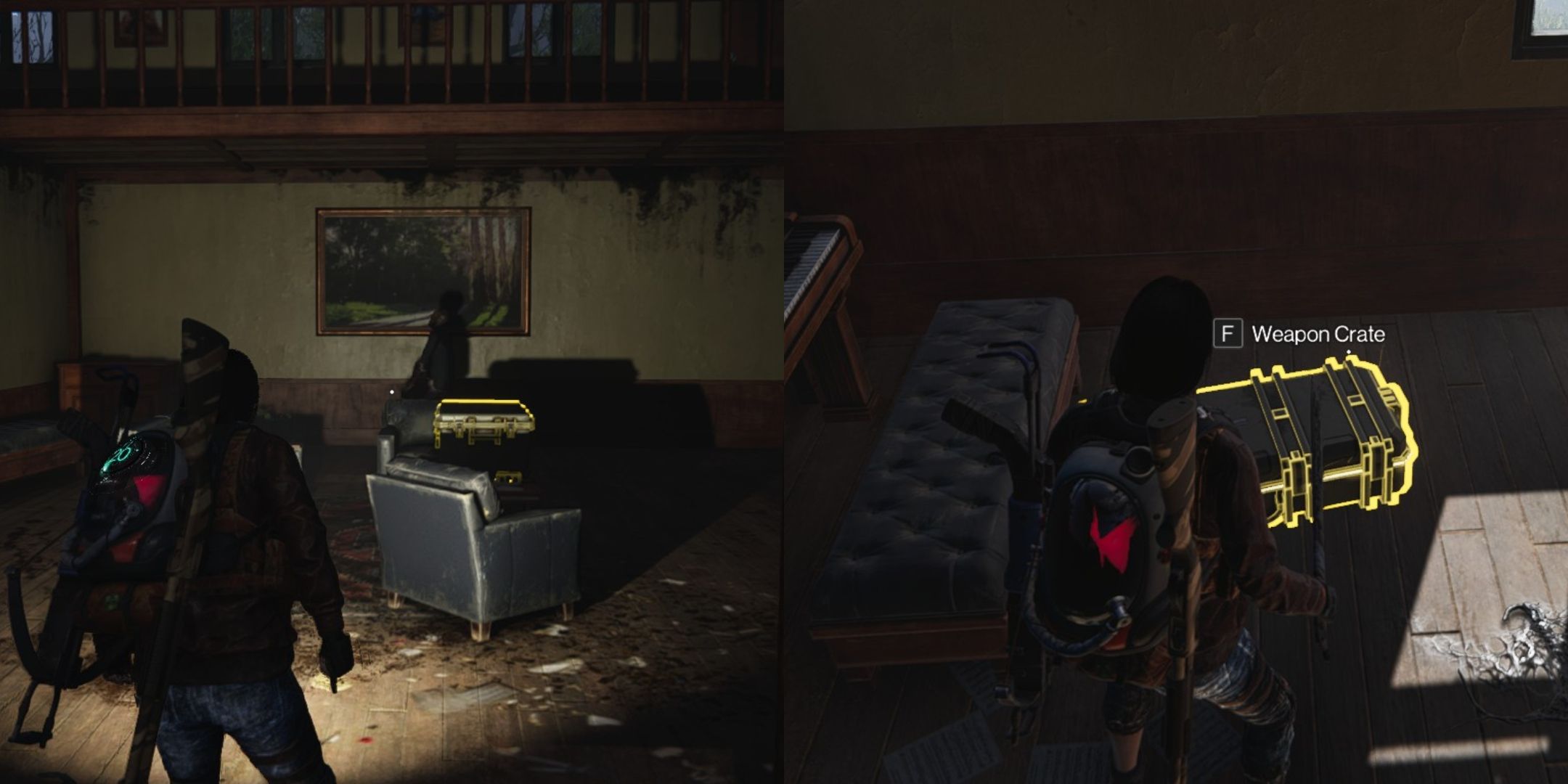 Once Human player in rotten manor approaching gear and weapon crate