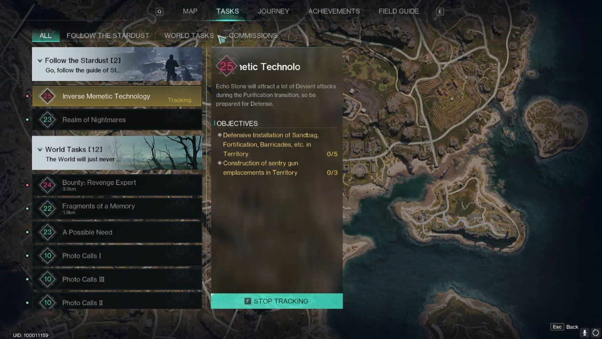 A list of available quests under the Tasks bar in Once Human.