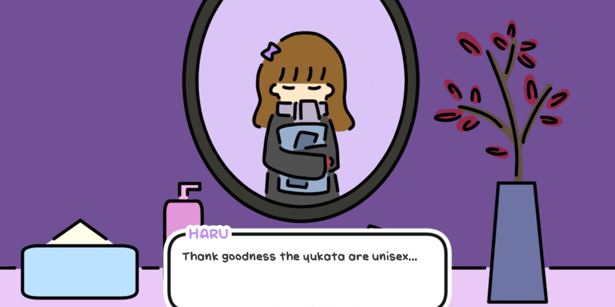 one night, hot springs haru talking to herself in a mirror while holding a folded yukata