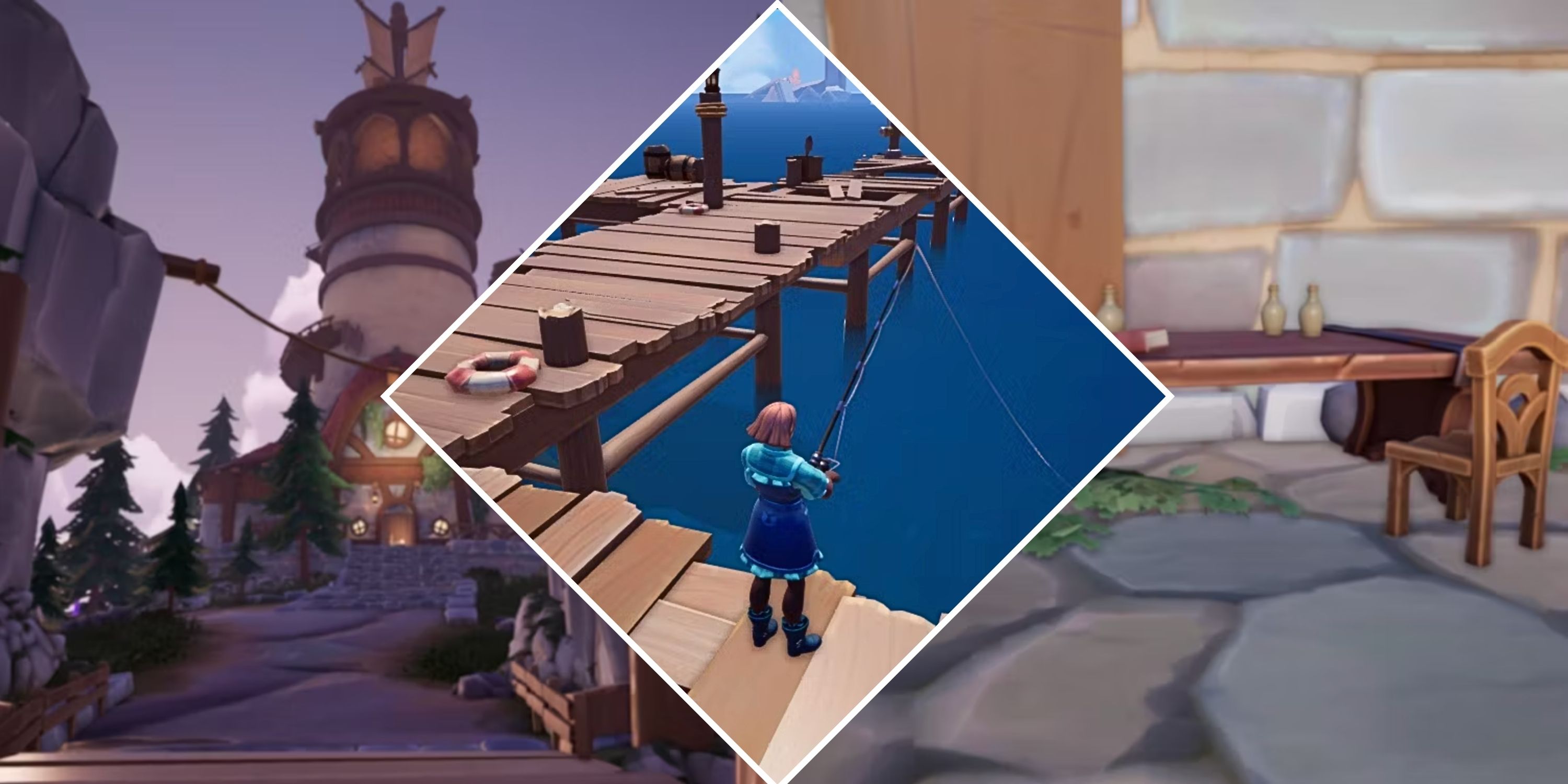 A split image showing the lighthouse and a bench in Palia with a center image of a Palia player fishing in a lake