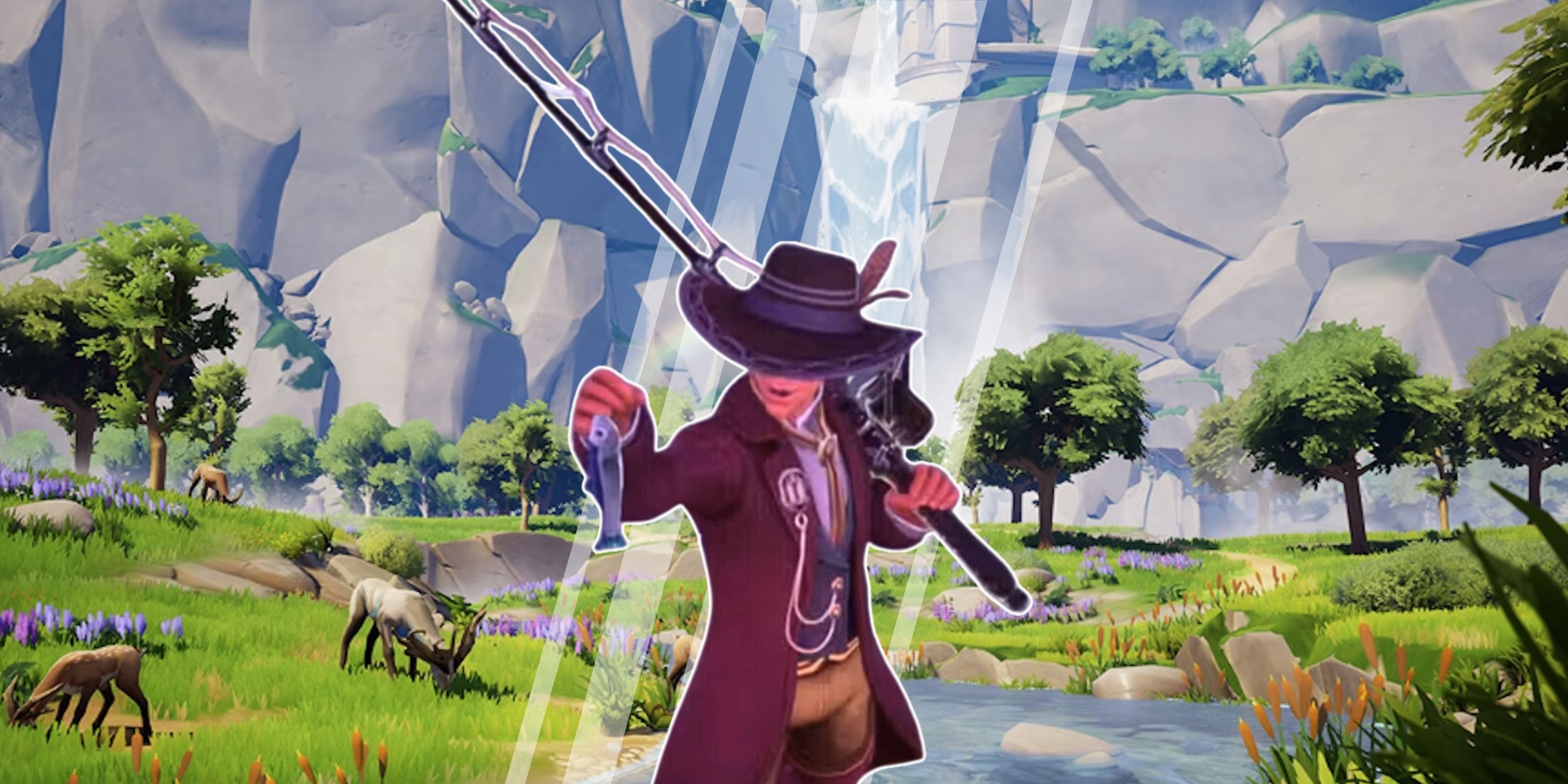 Image of Palia character holding up an anchovy and fishing rod in front of a river scenic background