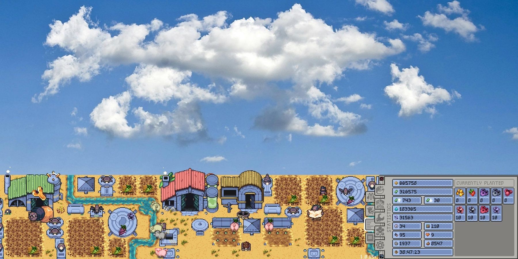Pinion's house (yellow roof) in the middle of the Desert Oasis farm. on the right is the Statistics menu