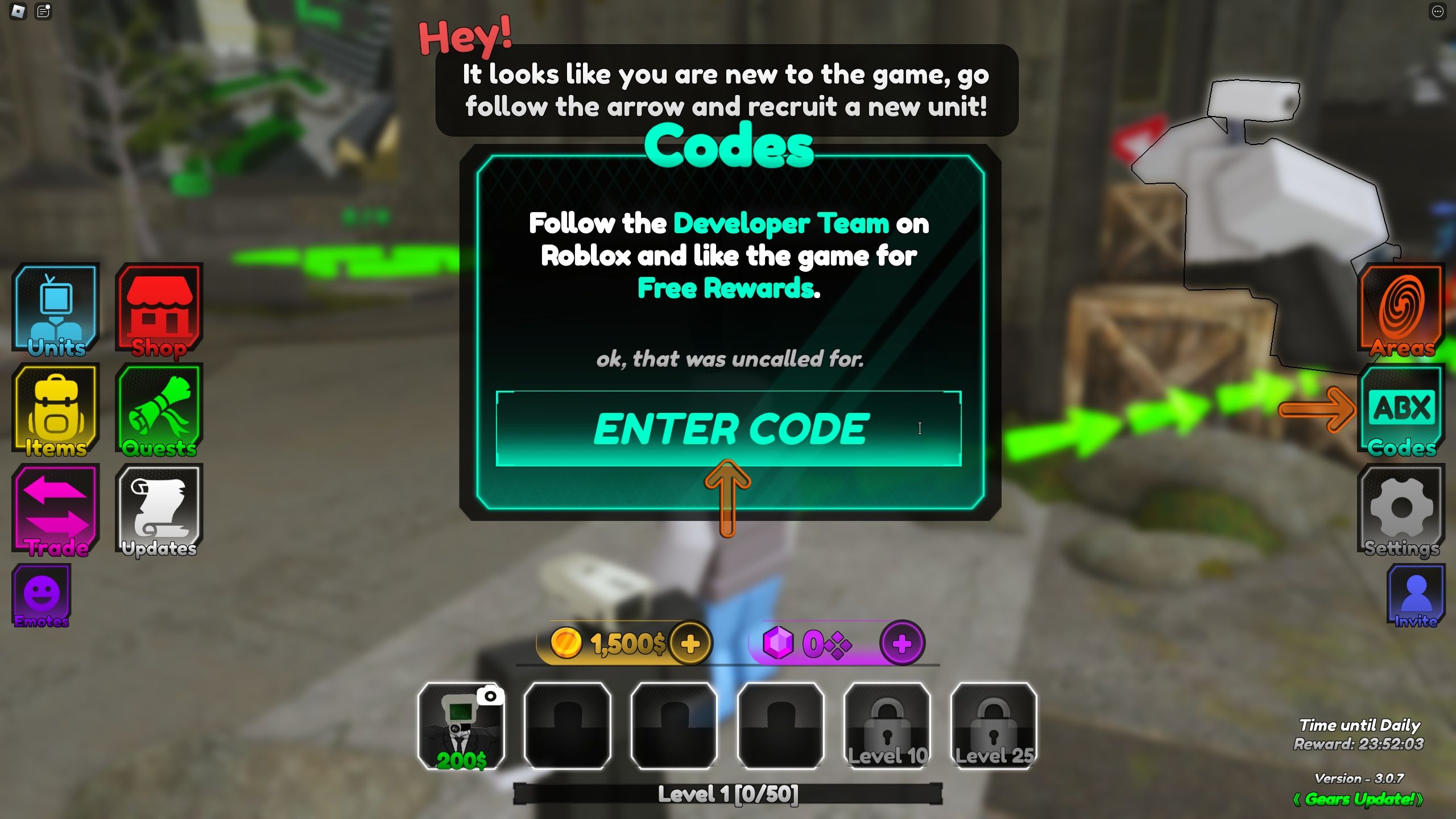 the codes section is open in Titan Tower Defense on Roblox