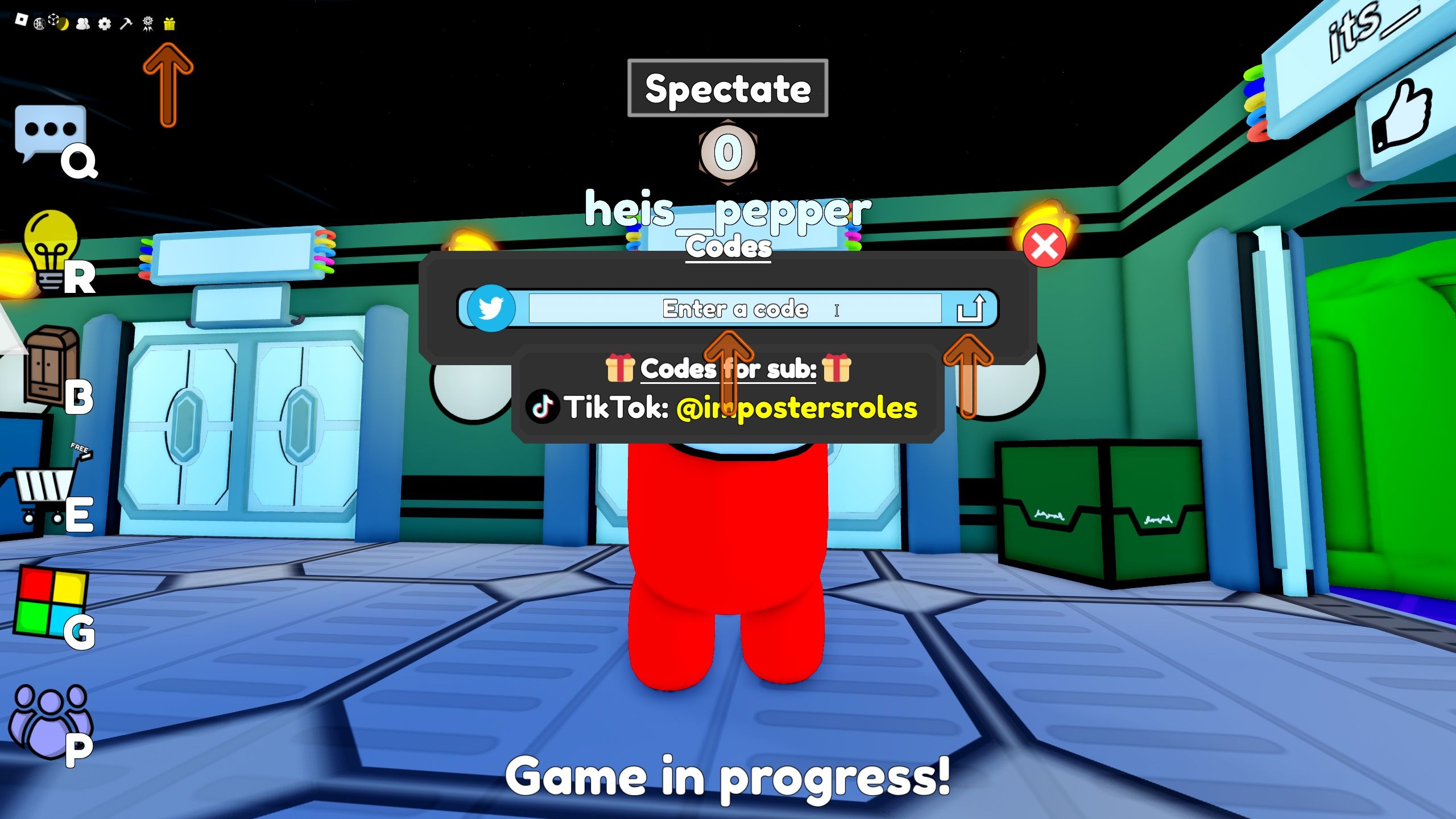 the codes box is open in Imposters and Roles on Roblox