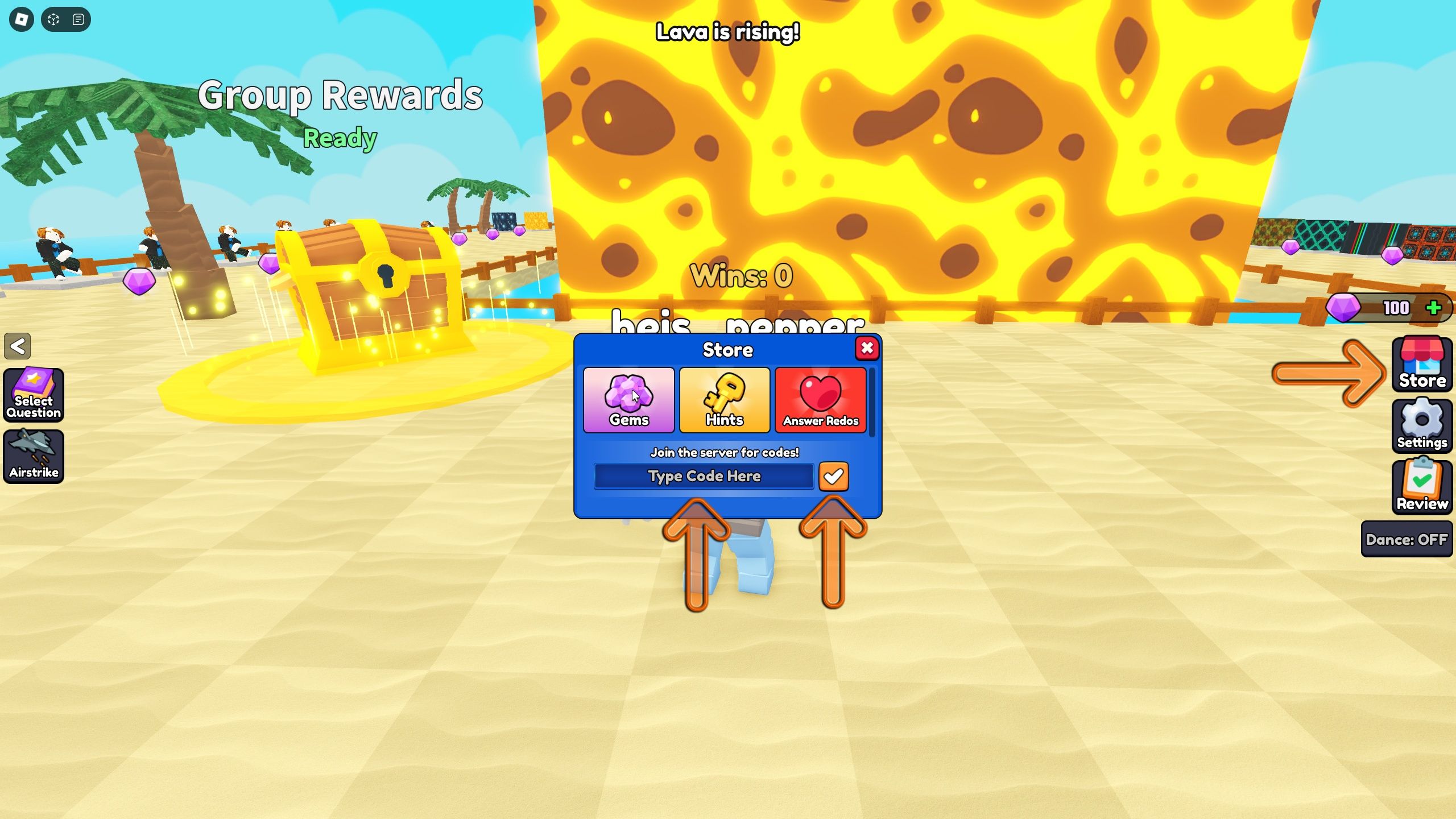 the codes box is open in Math Tower Race on Roblox