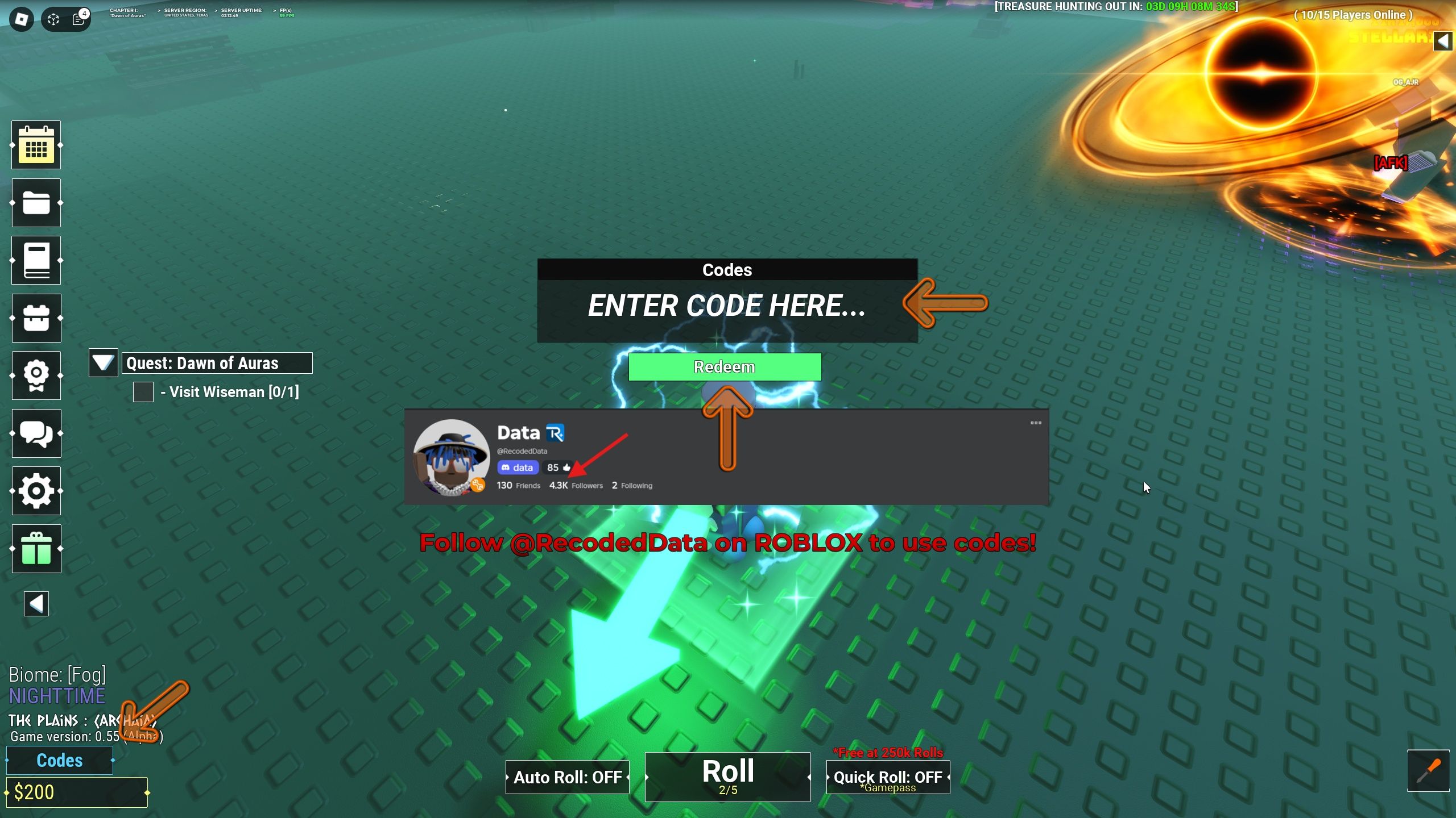 the codes box is open in Unknown RNG on Roblox