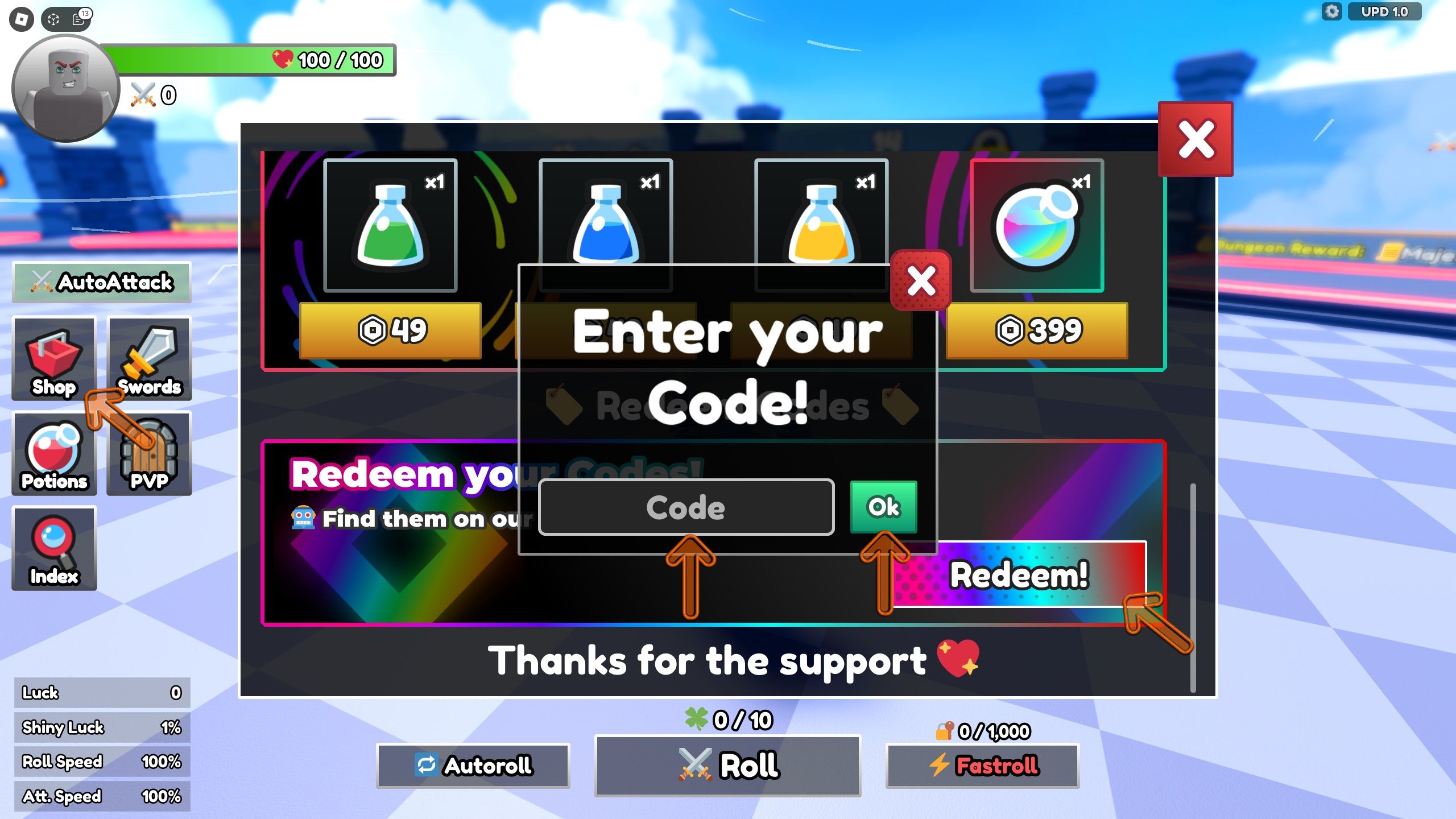 the codes section is open in Dungeon RNG on Roblox