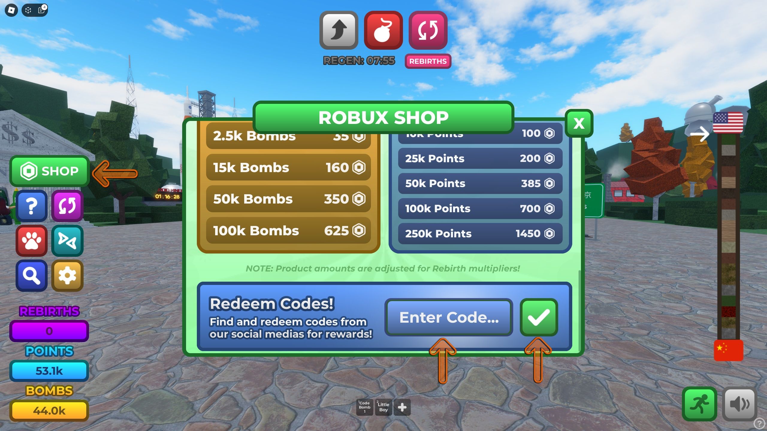 the codes section is open in Dig to China on Roblox