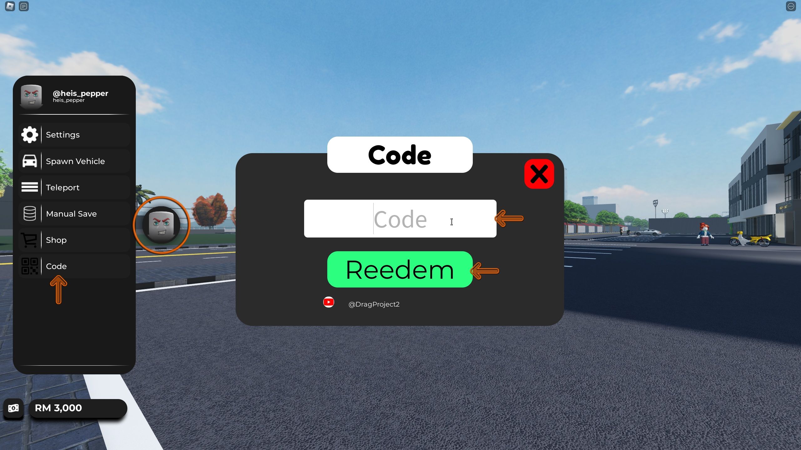 the code section is open in Drag Project on Roblox