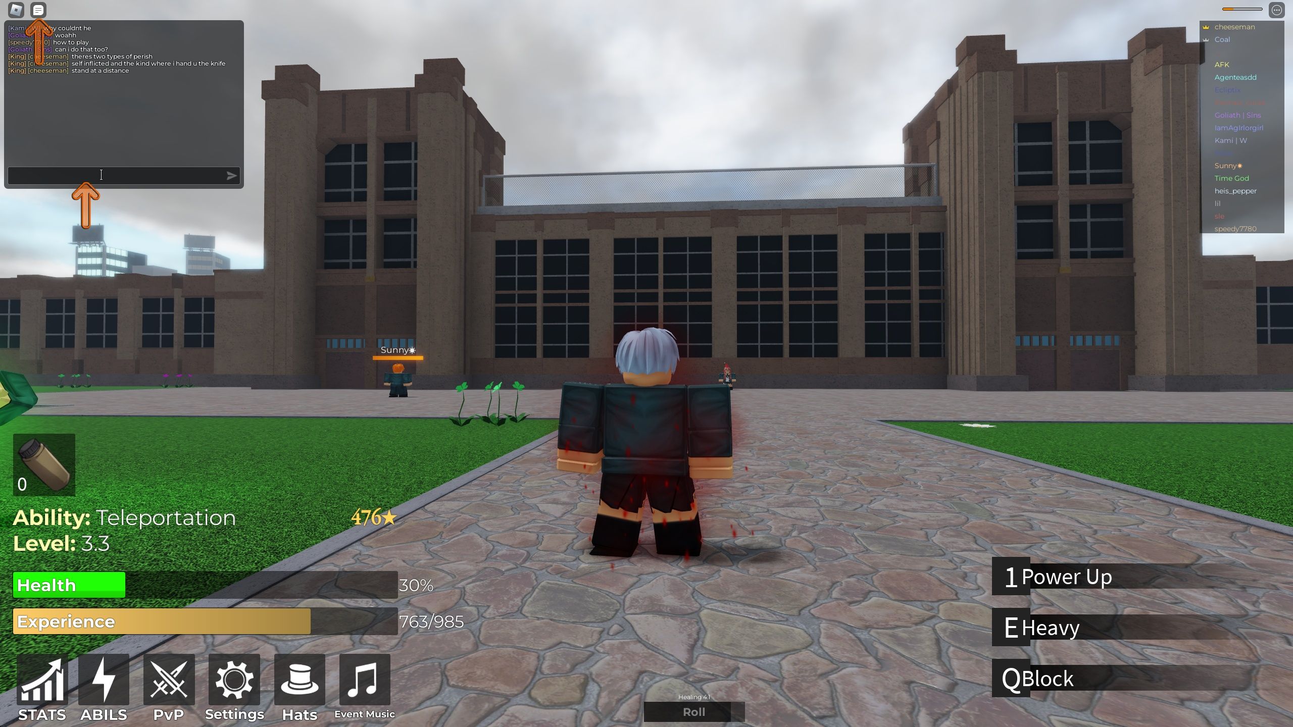 a player standing while the chat box is open in Unconventional on Roblox