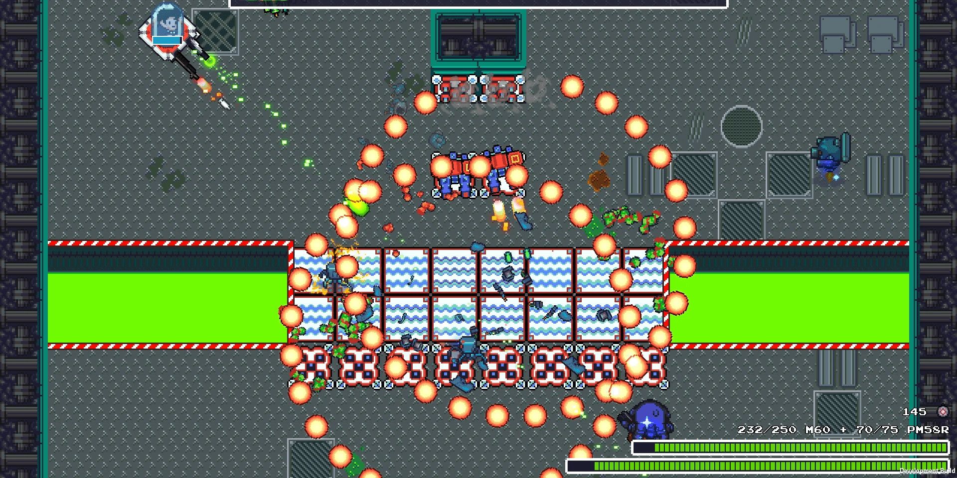 A barrage of bullets in circular patterns between the players and enemies