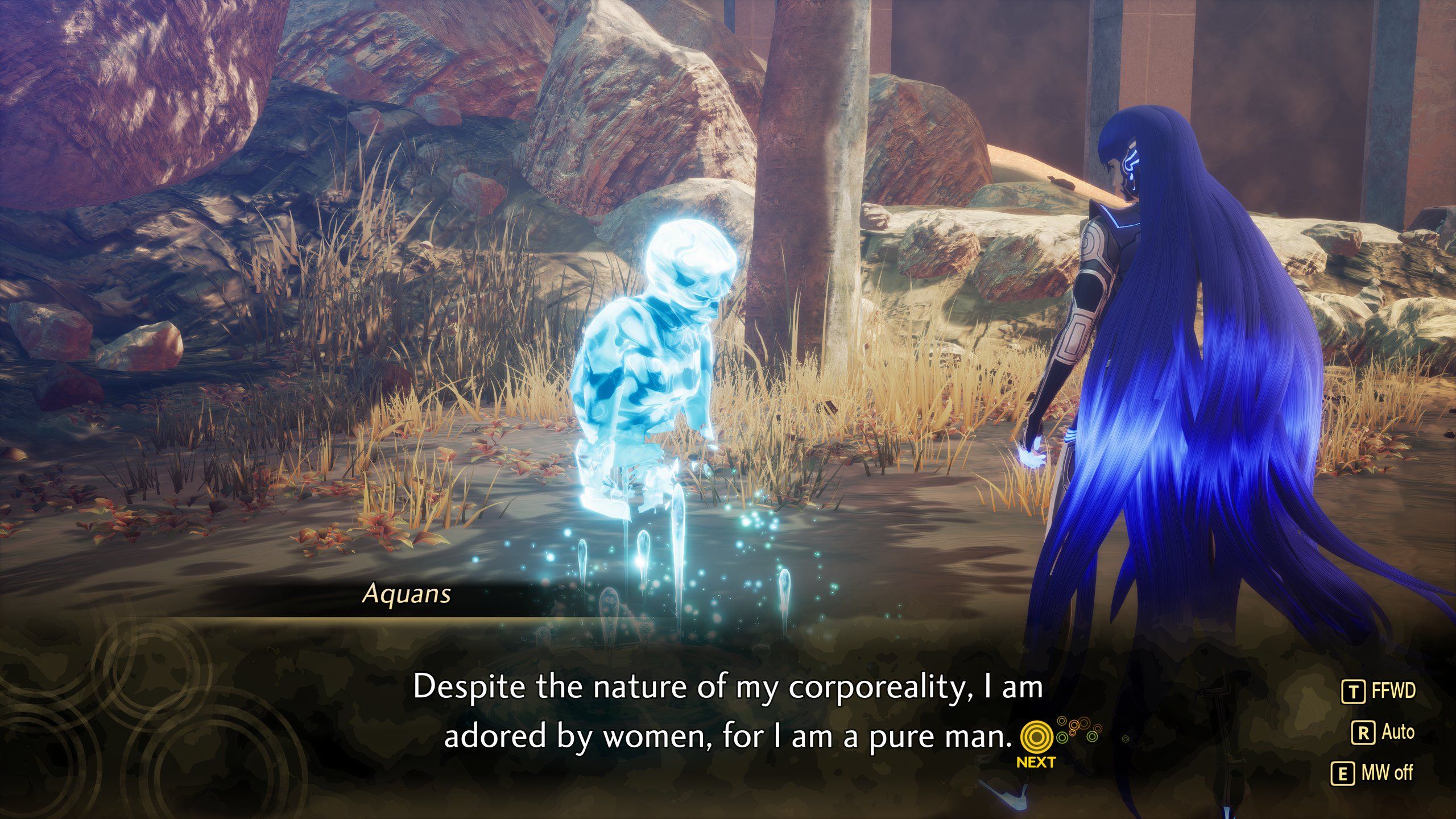 Aquans, a Shin Megami Tensei 5: Vengeance demon, speaks with the player
