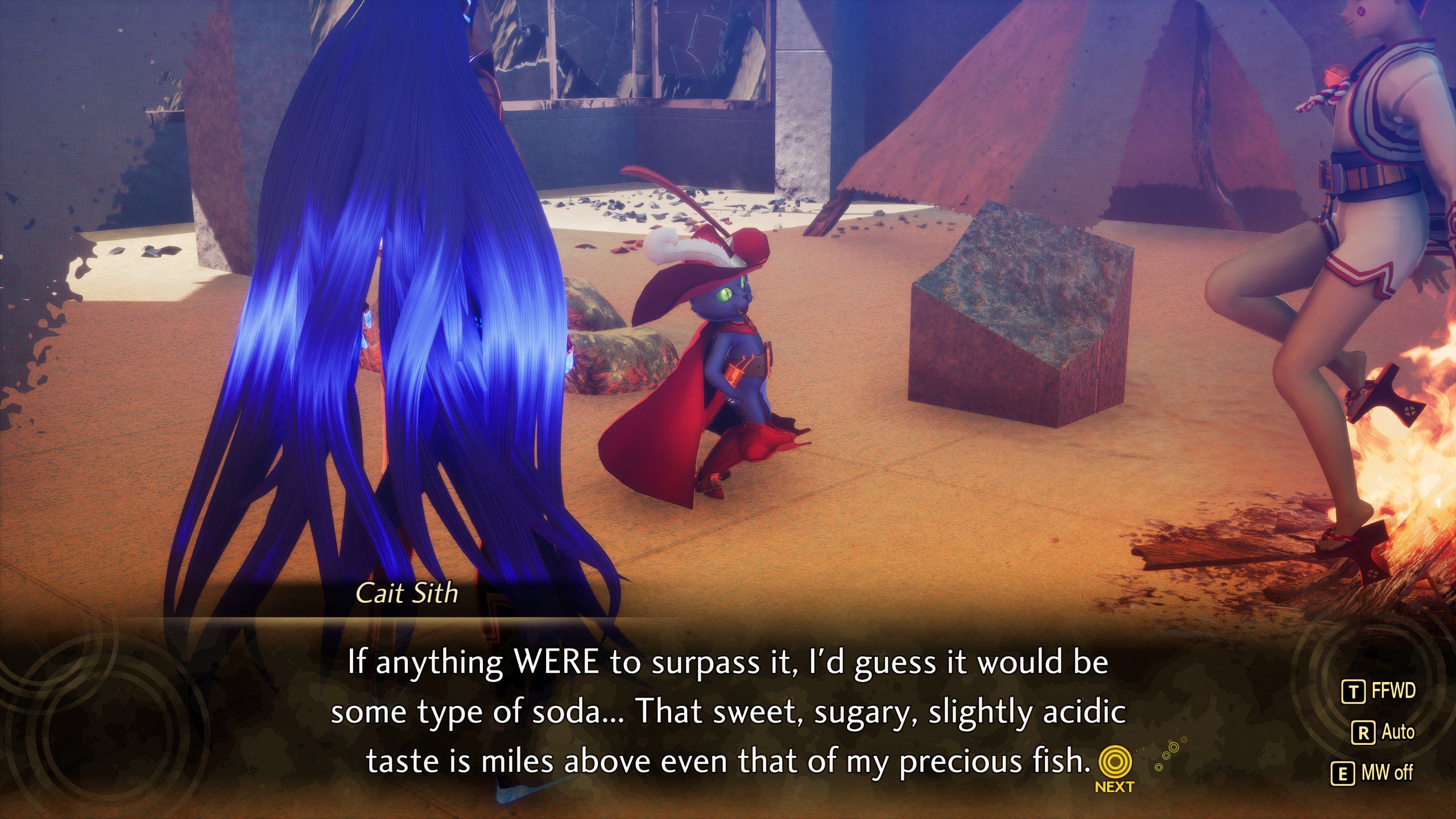 Cait Sith, a demon in Shin Megami Tensei 5, converses with the player character at the new demon haunt location