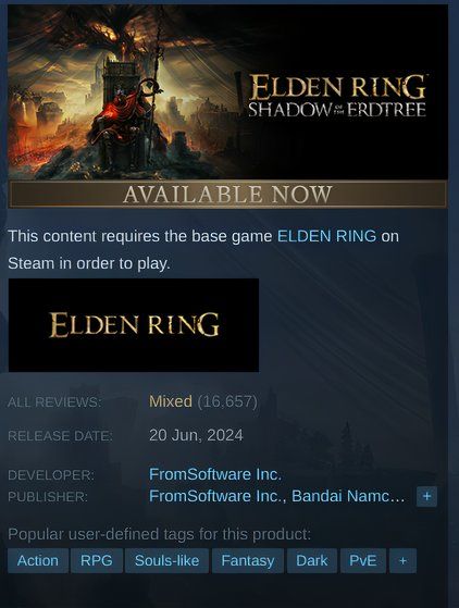 Shadow of the Erdtree with a "MIxed" review rating on Steam.