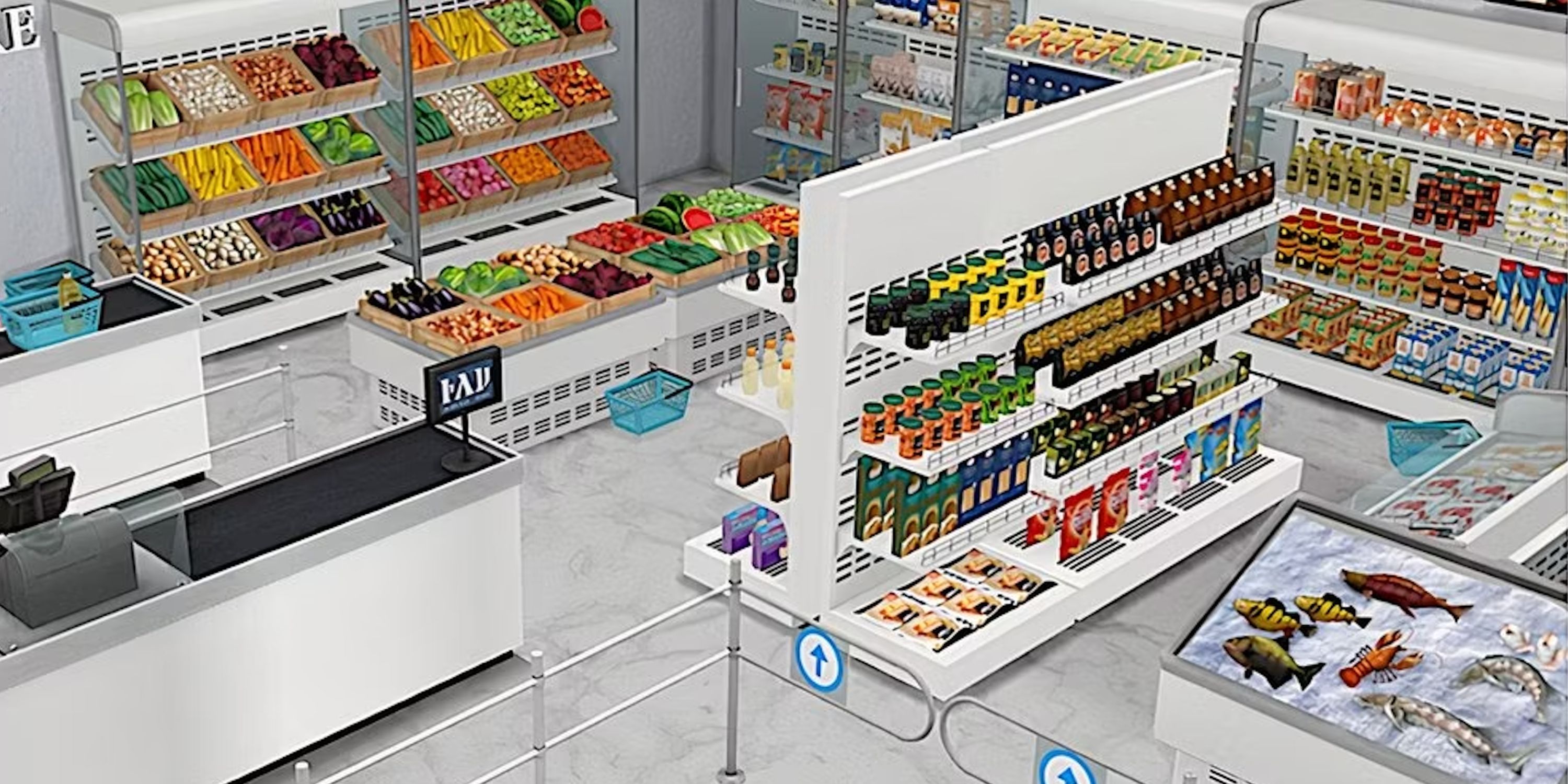 Screenshot of a grocery store built in The Sims 4