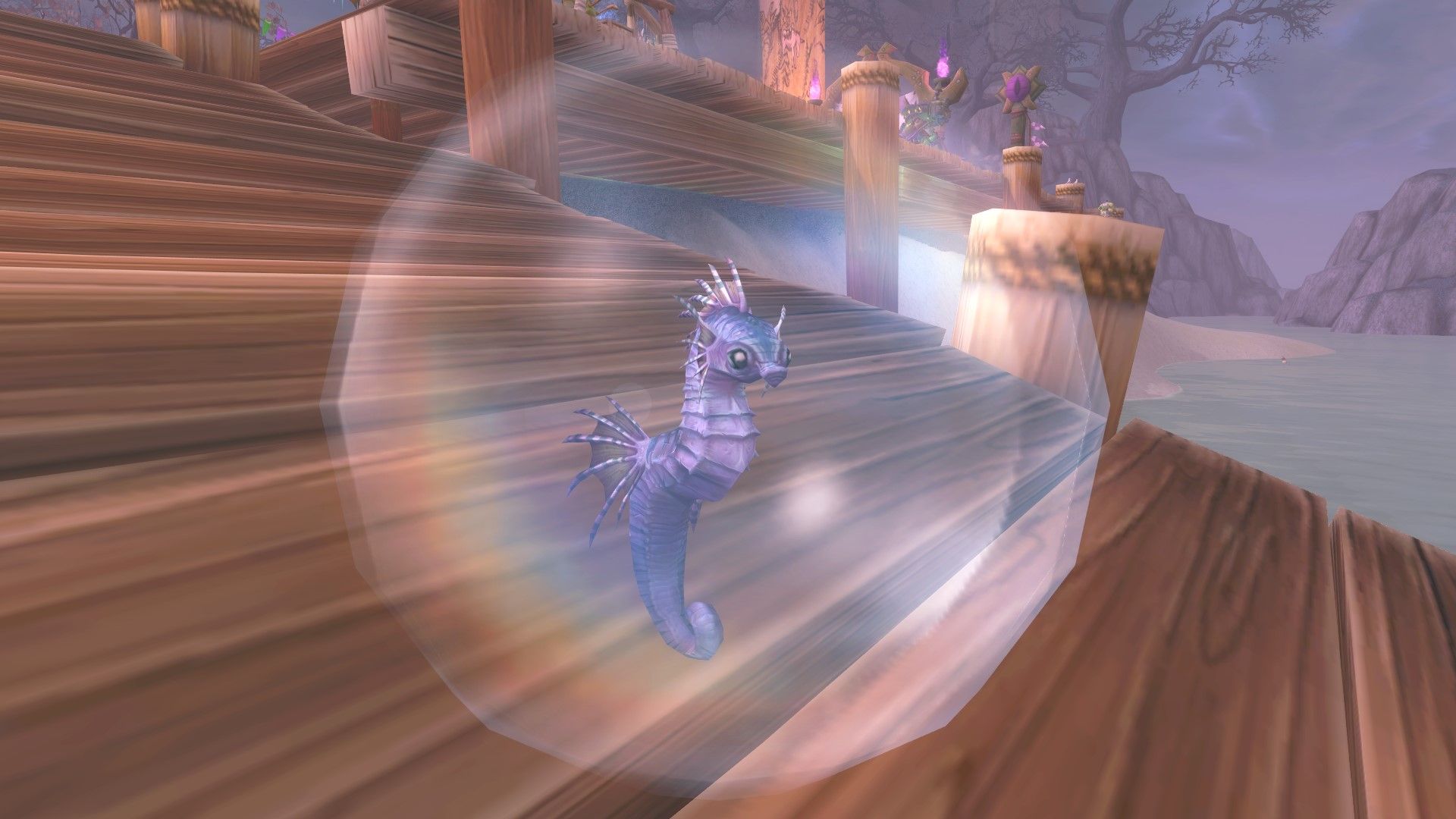 the sea pony battle pet, in an enchanted water bubble on the docks of darkmoon island