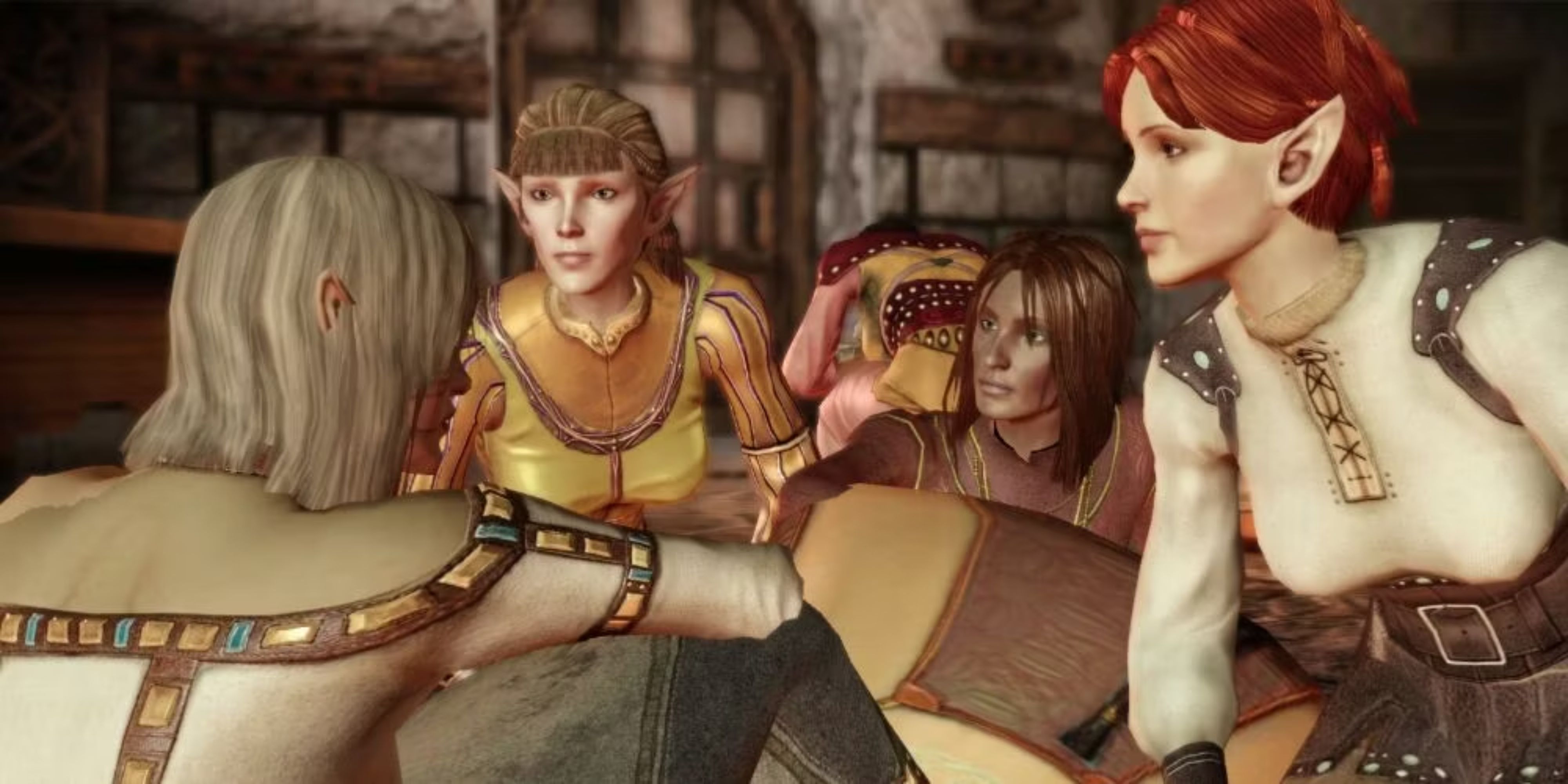Several female city elves gathered around each other in Dragon Age Origins
