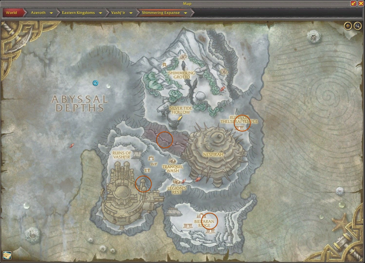 map of the shimmering expanse of vashj'ir with the spawn points of the rare mob poseidus circled in orange