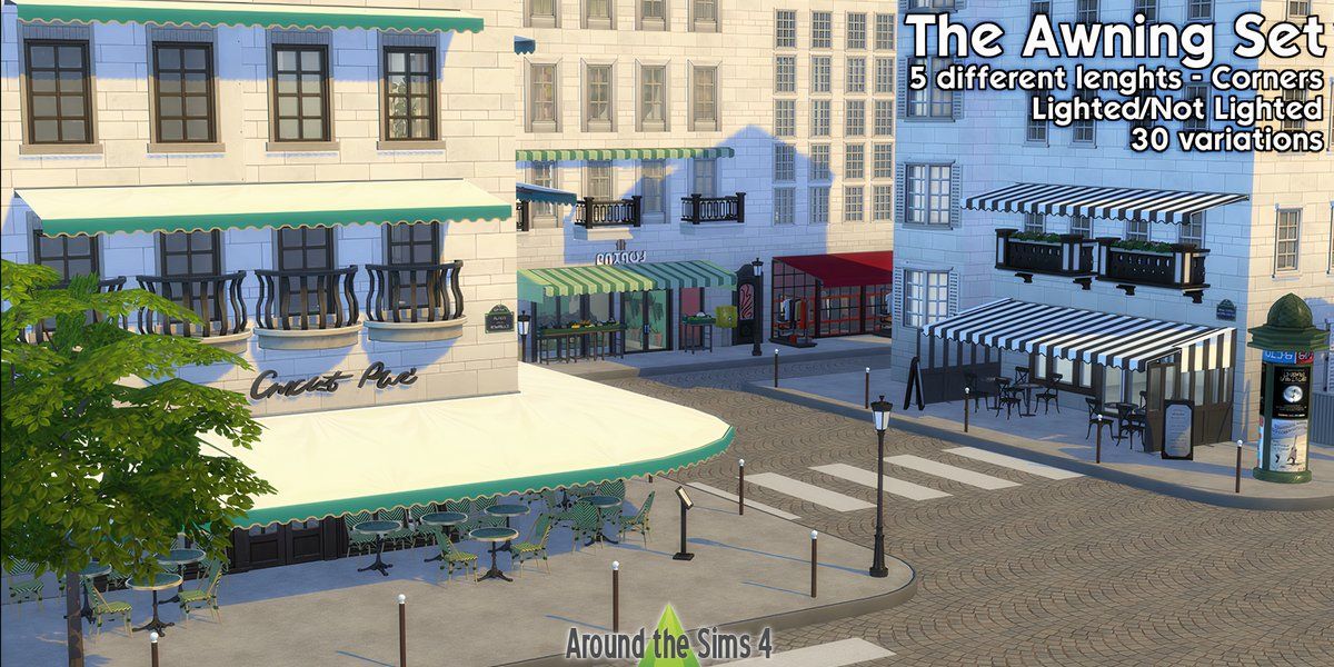 A street intersection full of shops with awnings in The Sims 4