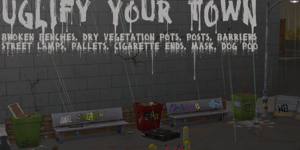 Screenshot of a trash-strewn street corner in The Sims 4 with graffiti-covered benches