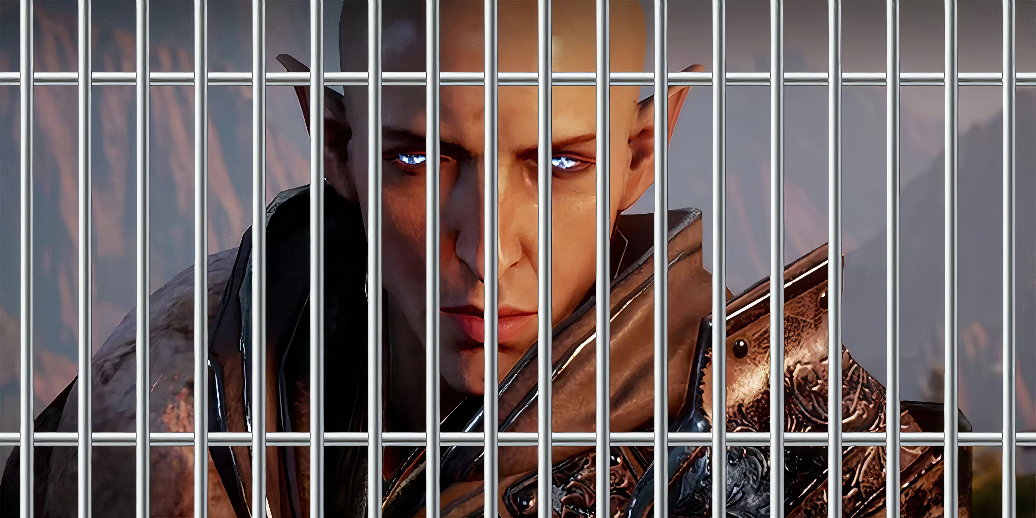 Solas behind jail bars in Dragon Age