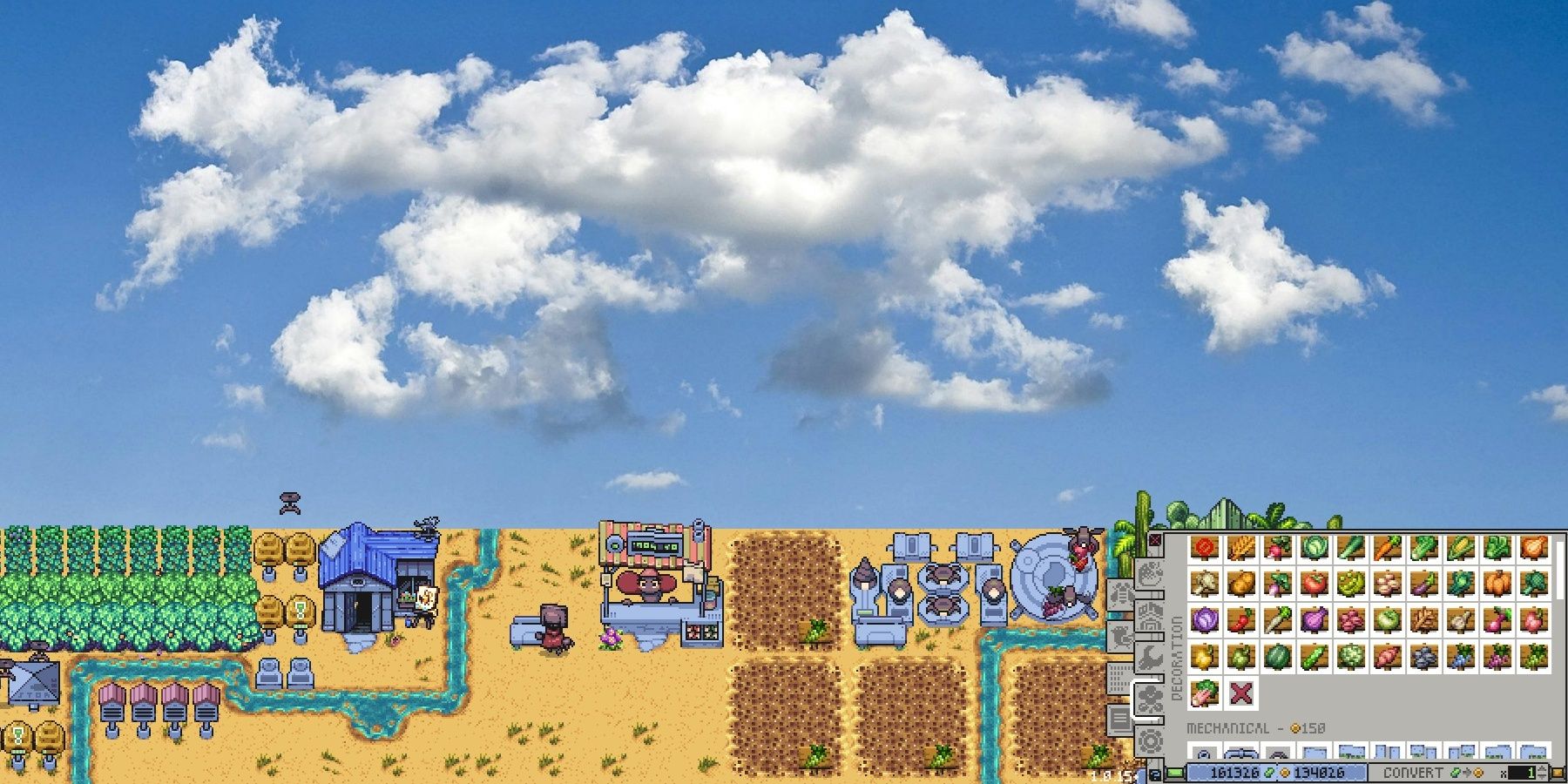 Sonnet's Shop's shop in between some crop lands and Forbic's House in the Desert Oasis map. On the right is the Decorations menu