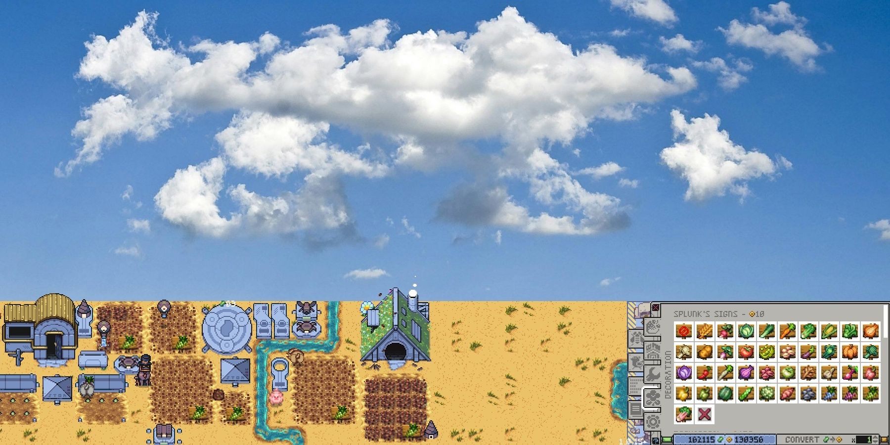 Splunk's house, below which is a crop field planted with Green Grapes. On the right is a display of Splunk's Signs