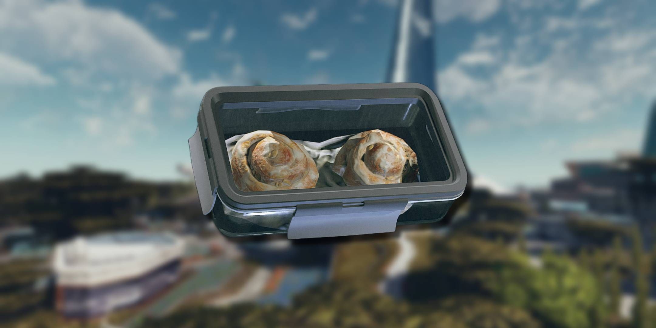 Starfield - a box of sweet rolls laid over the skyline of New Atlantis