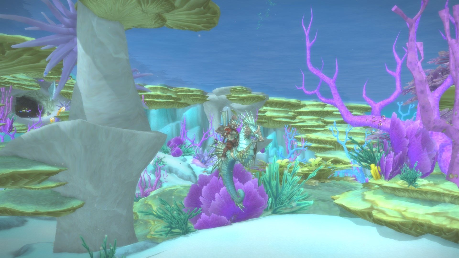 a highmountain tauren on a sudued seahorse mount, swimming through vashj'ir