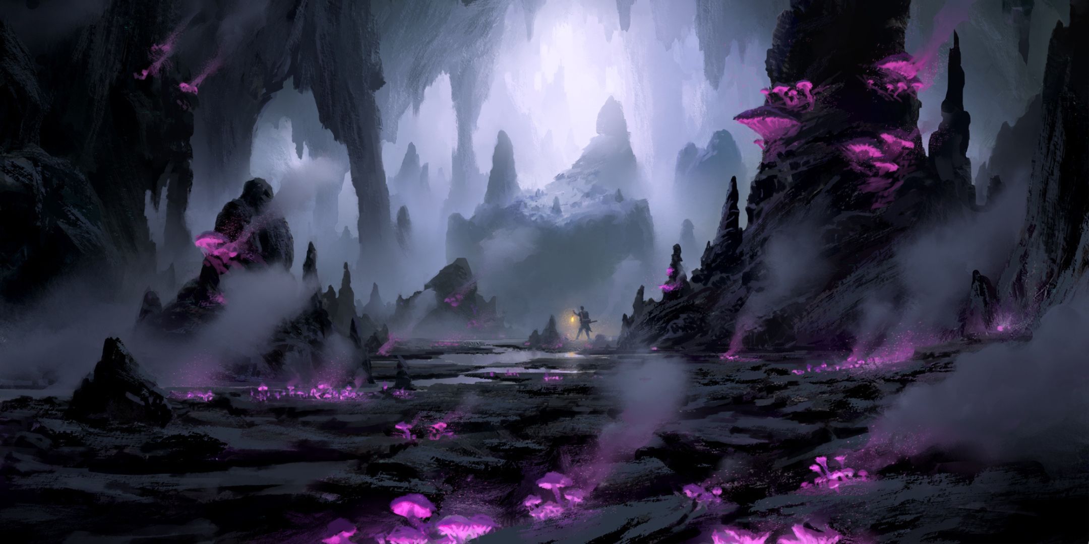 An adventurer with a lantern moves through a cave filled with gaseous mushrooms