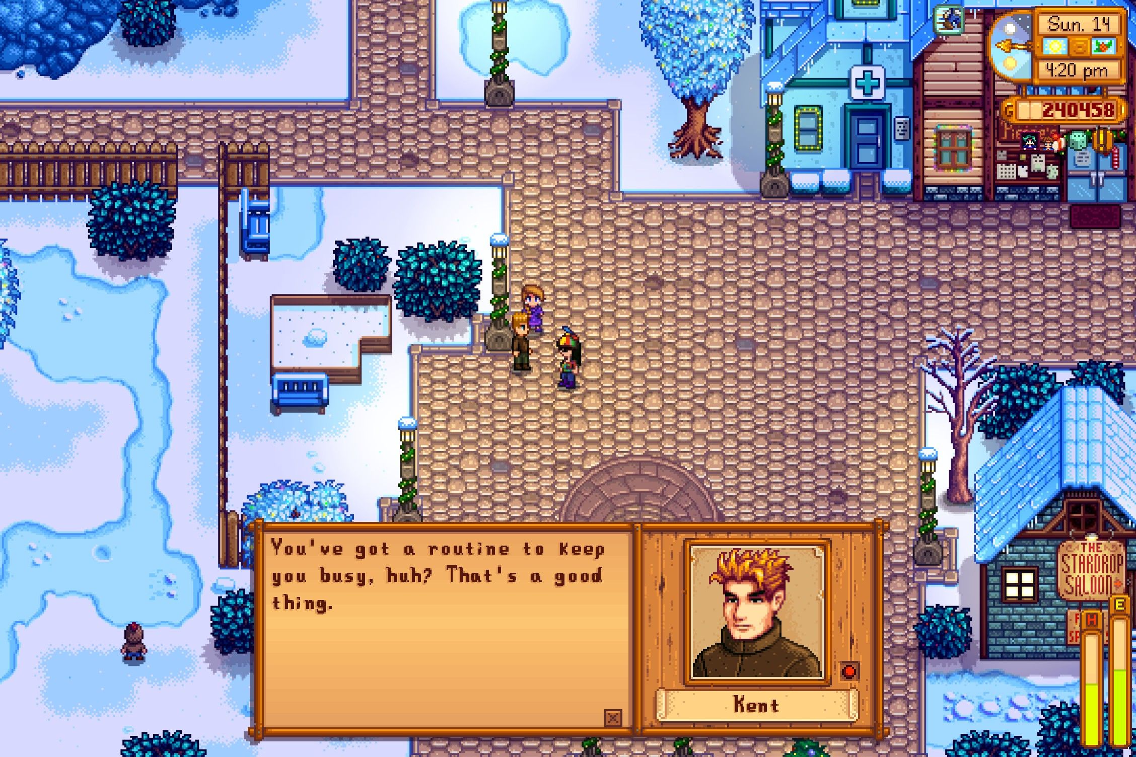 talking to kent in the town square in stardew valley