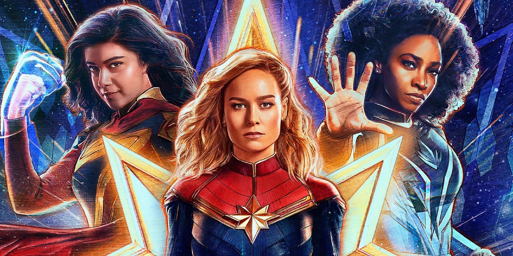The Marvels poster Ms Marvel, Captain Marvel, and Spectrum together