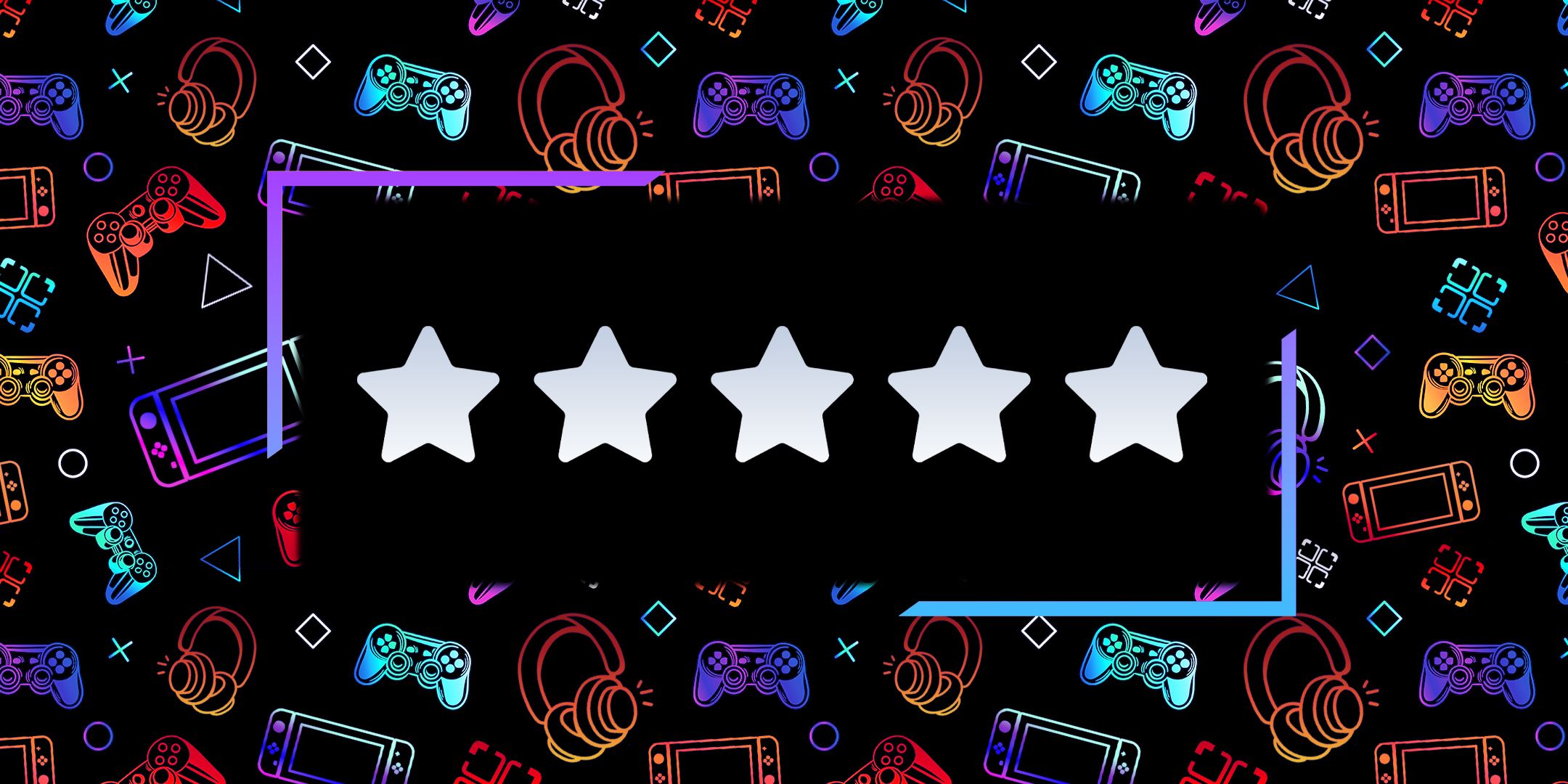 TheGamer repeating pattern wieth controllers and headsets and Nintendo Switches in neon lights with five white stars on top