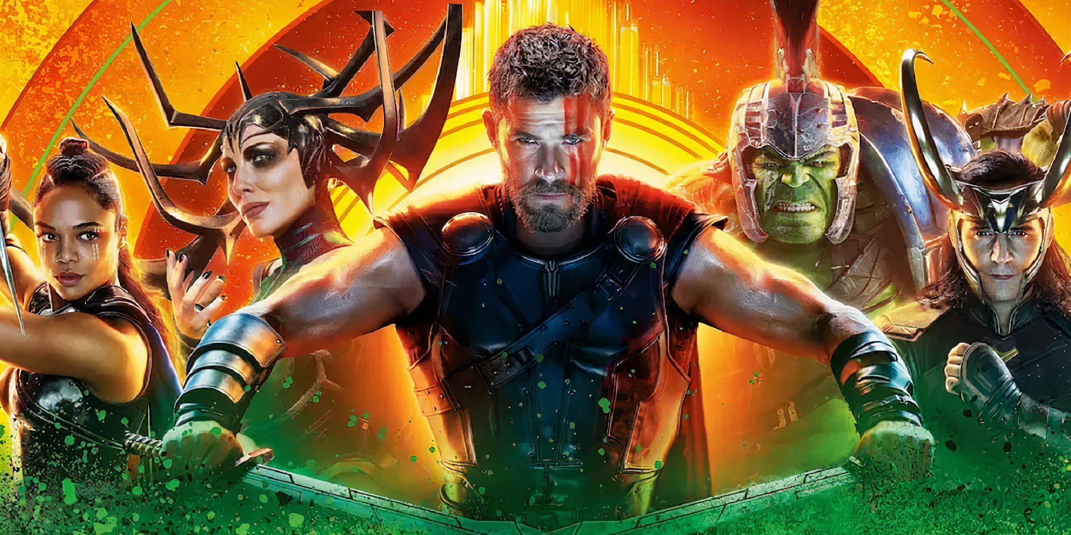 Thor Ragnarok film Valkyrie, Hela, Thor, Hulk, and Loki in a group for promo art
