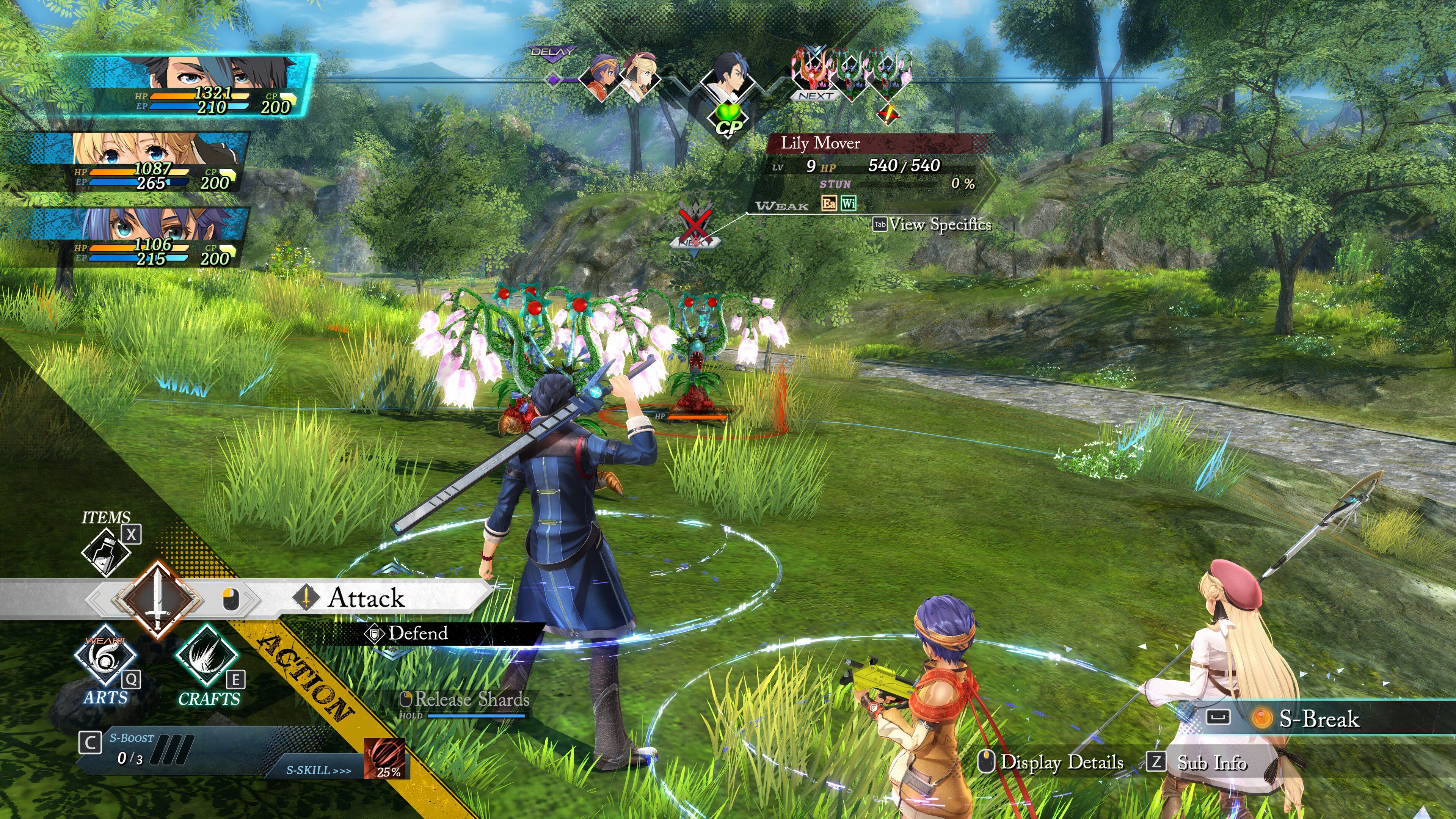 Trails Through Daybreak screenshot of the battle system UI in a grassy area