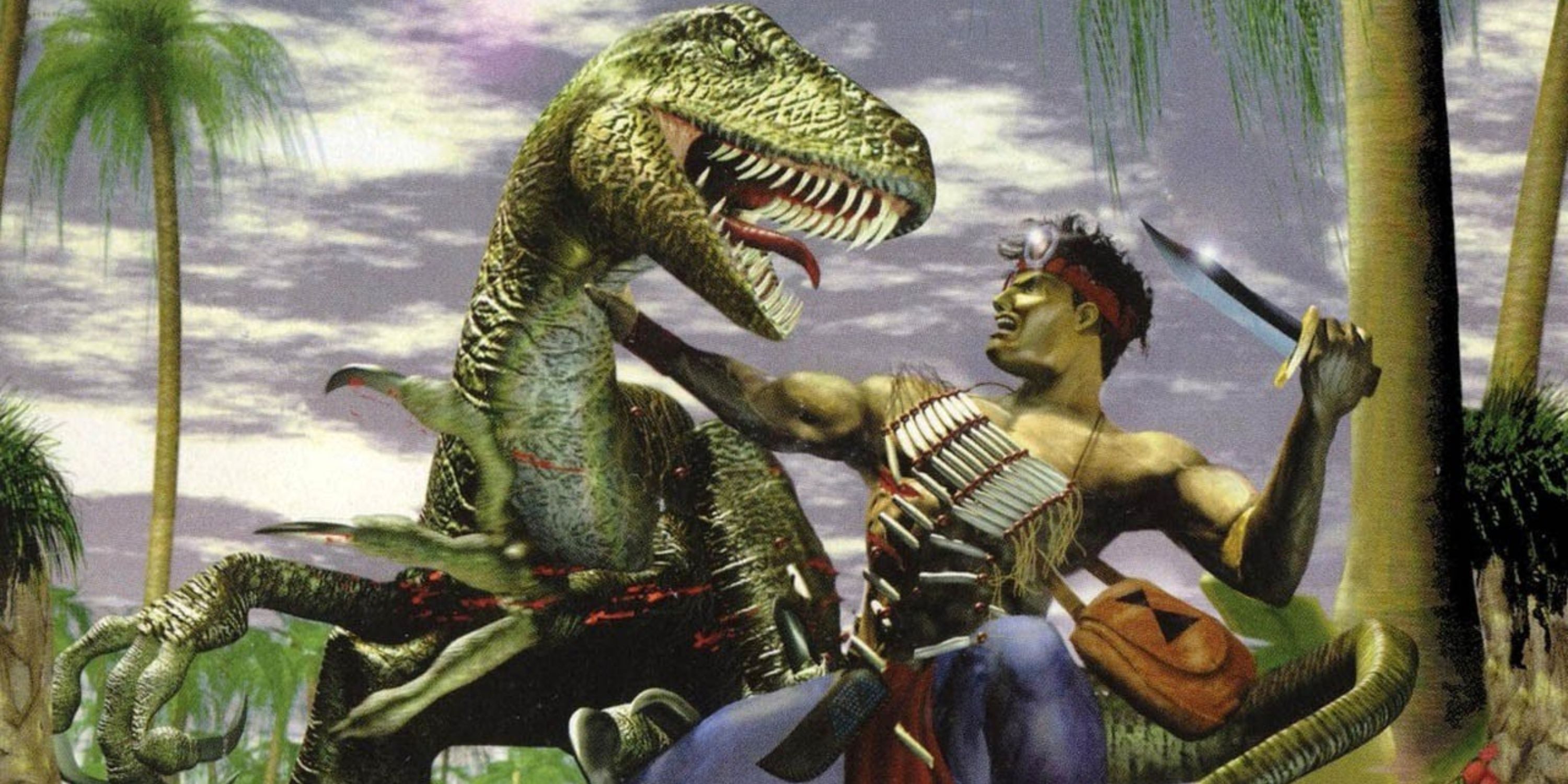 Joshua Fireseed wrestles a raptor in the jungle