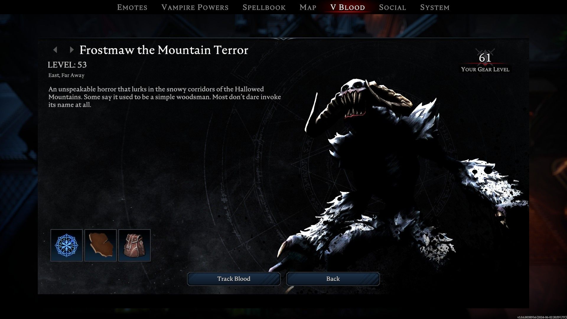 v rising frostmaw the mountain terror info screen
