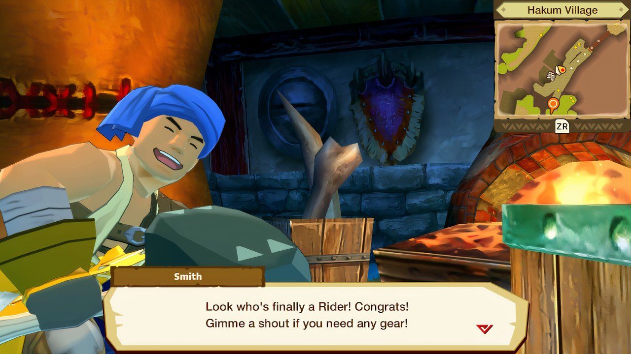 visiting the blacksmith in hakum village in monster hunter stories